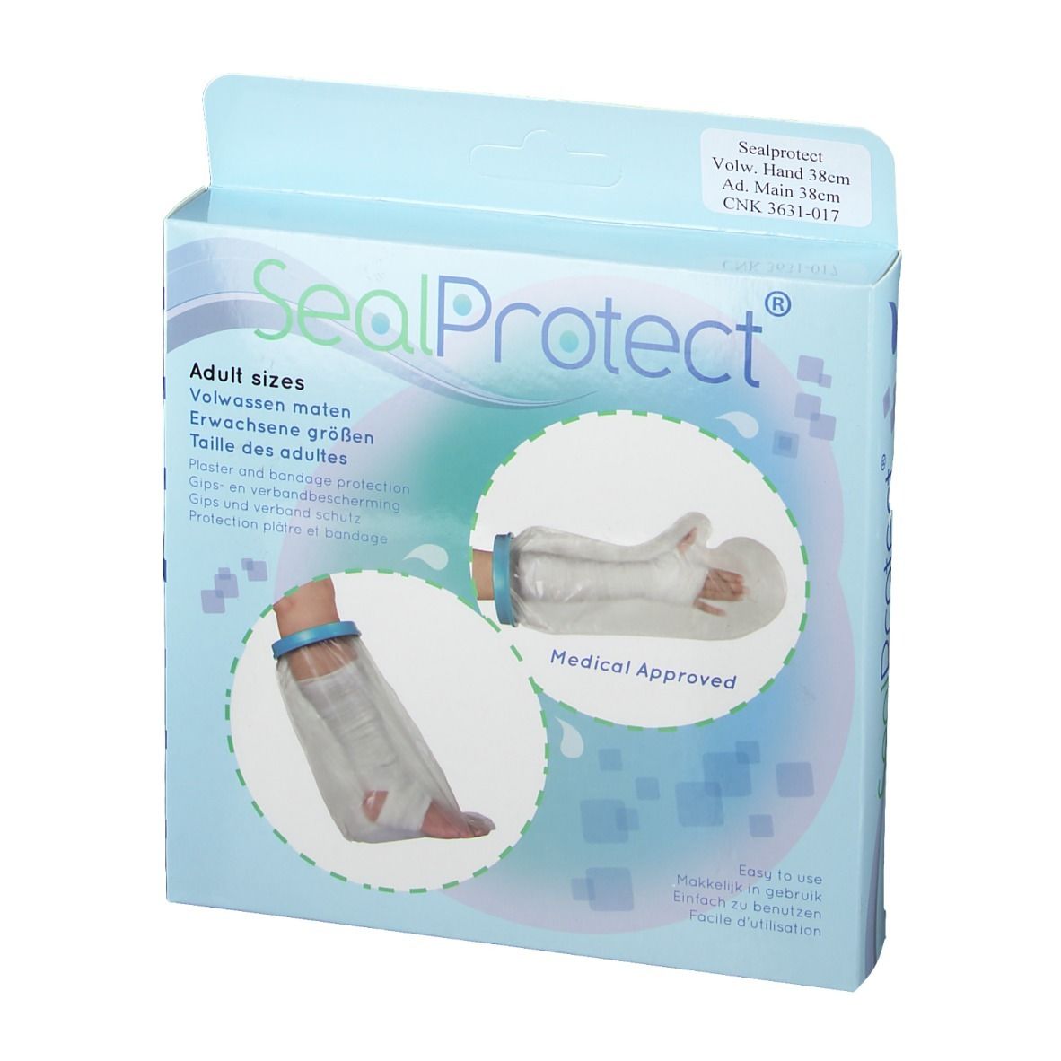 Vue de face de l'emballage Sealprotect Cubierta Protectiva Adulto Mano 38 cm. Nom du produit et illustrations. Approuvé médicalement.