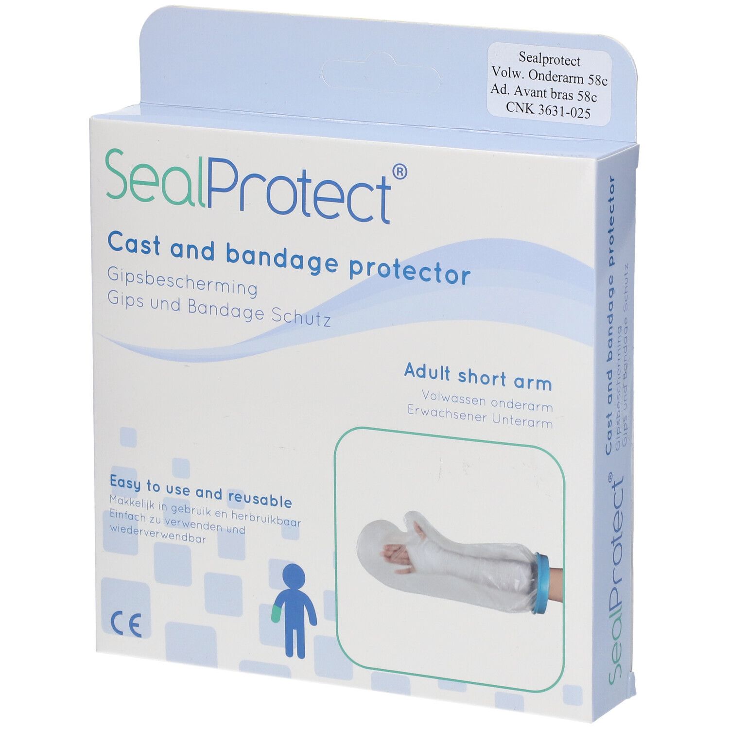 Emballage SealProtect pour protection bras. Nom du produit, marquage CE et illustrations d'utilisation.