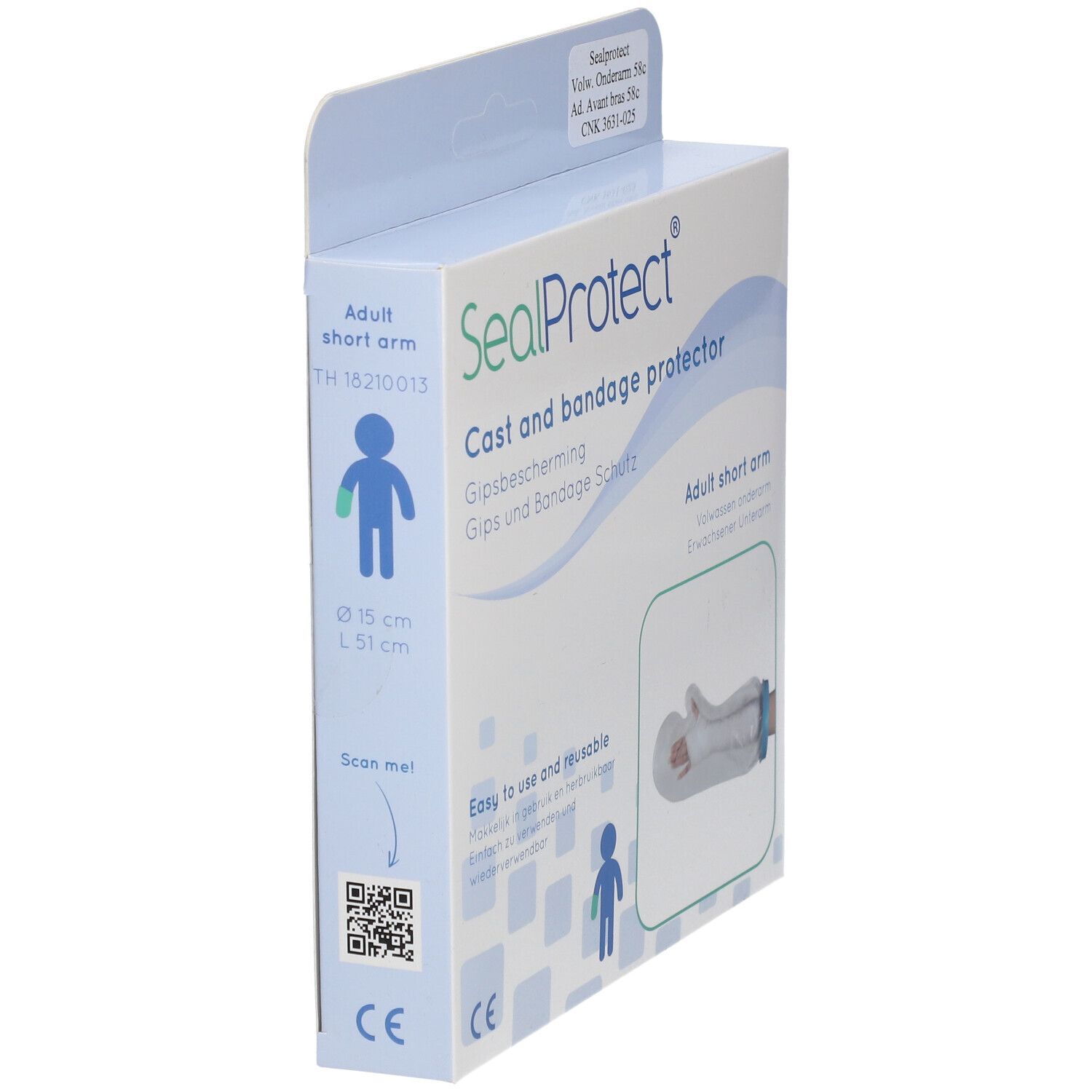 Vue latérale de l'emballage SealProtect. Nom du produit, dimensions et code QR.