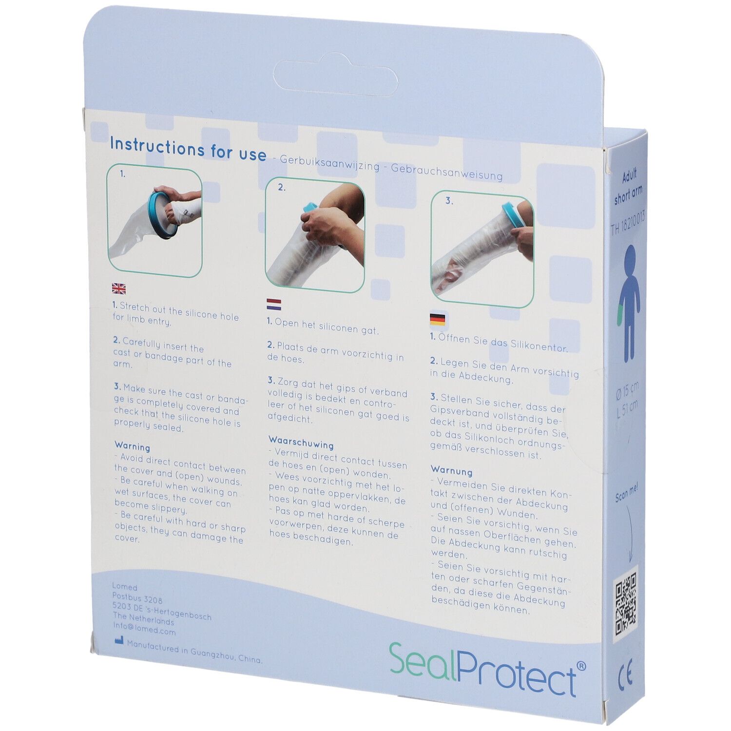 Dos de l'emballage SealProtect avec instructions d'utilisation en trois langues.