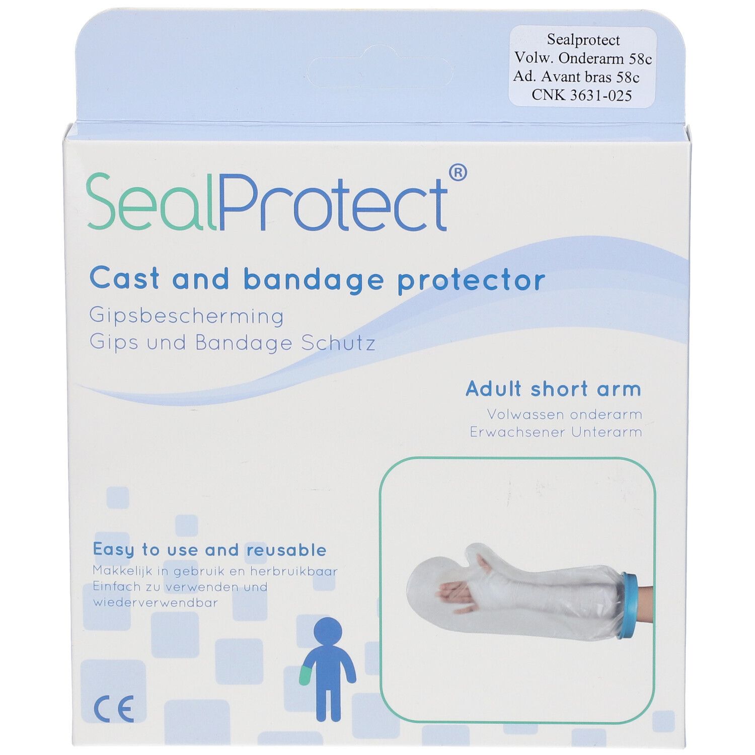 Emballage SealProtect. Nom du produit, illustration de la protection sur le bras, marquage CE.