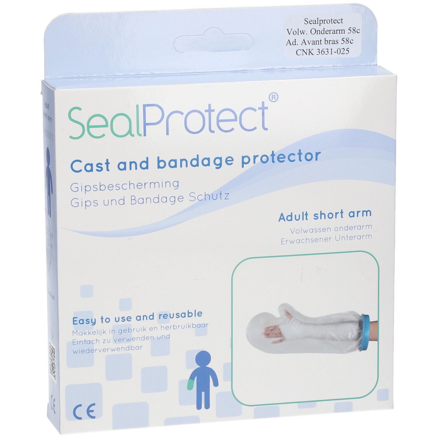 Emballage SealProtect. Nom du produit, illustration de la protection sur le bras, marquage CE.