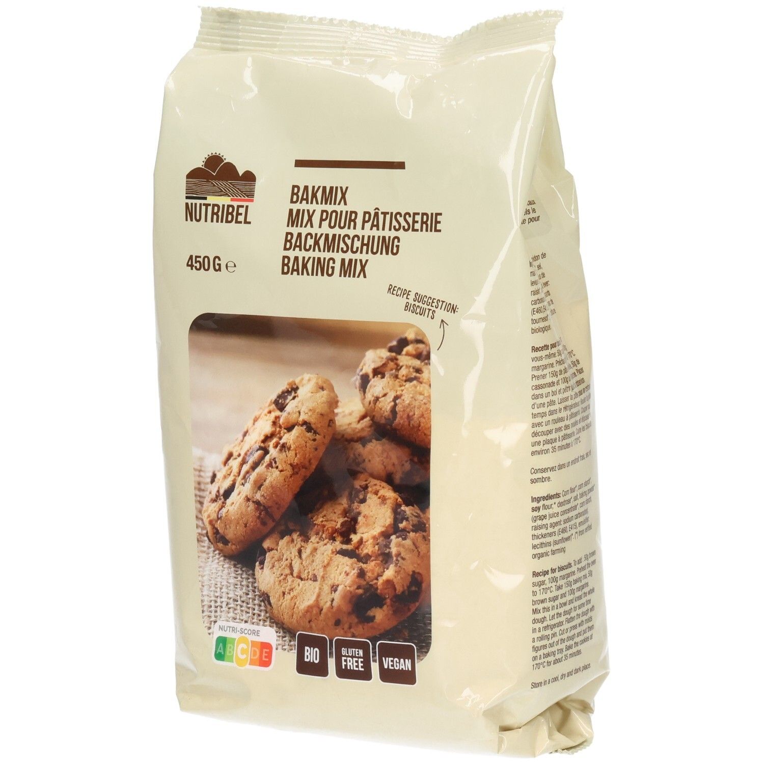 Verpakking Nutribel bakmix. Venster met koekjes. Opschriften: BIO, glutenvrij, vegan. 450g.