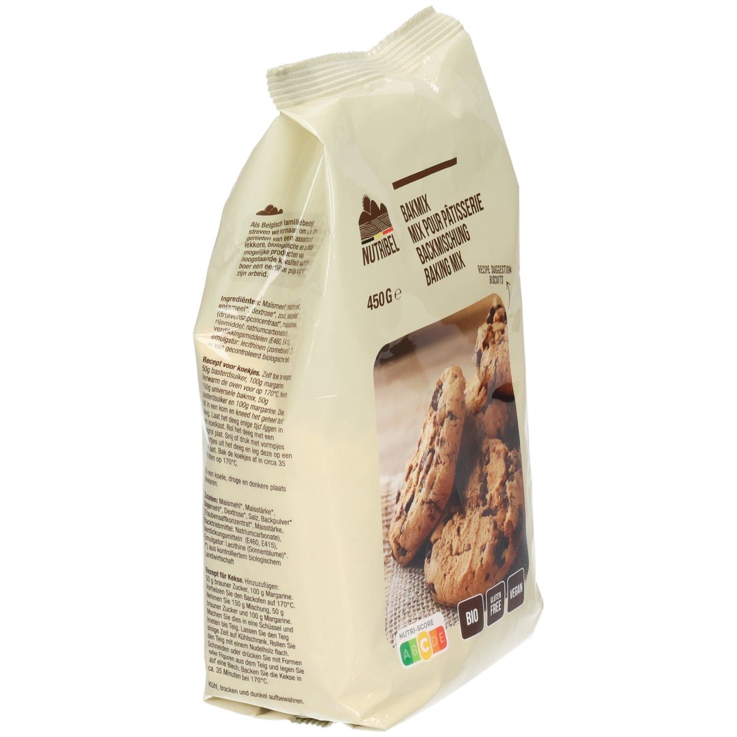 Verpakking Nutribel bakmix. Achterkant met tekst. Opschriften: BIO, glutenvrij, vegan. 450g.