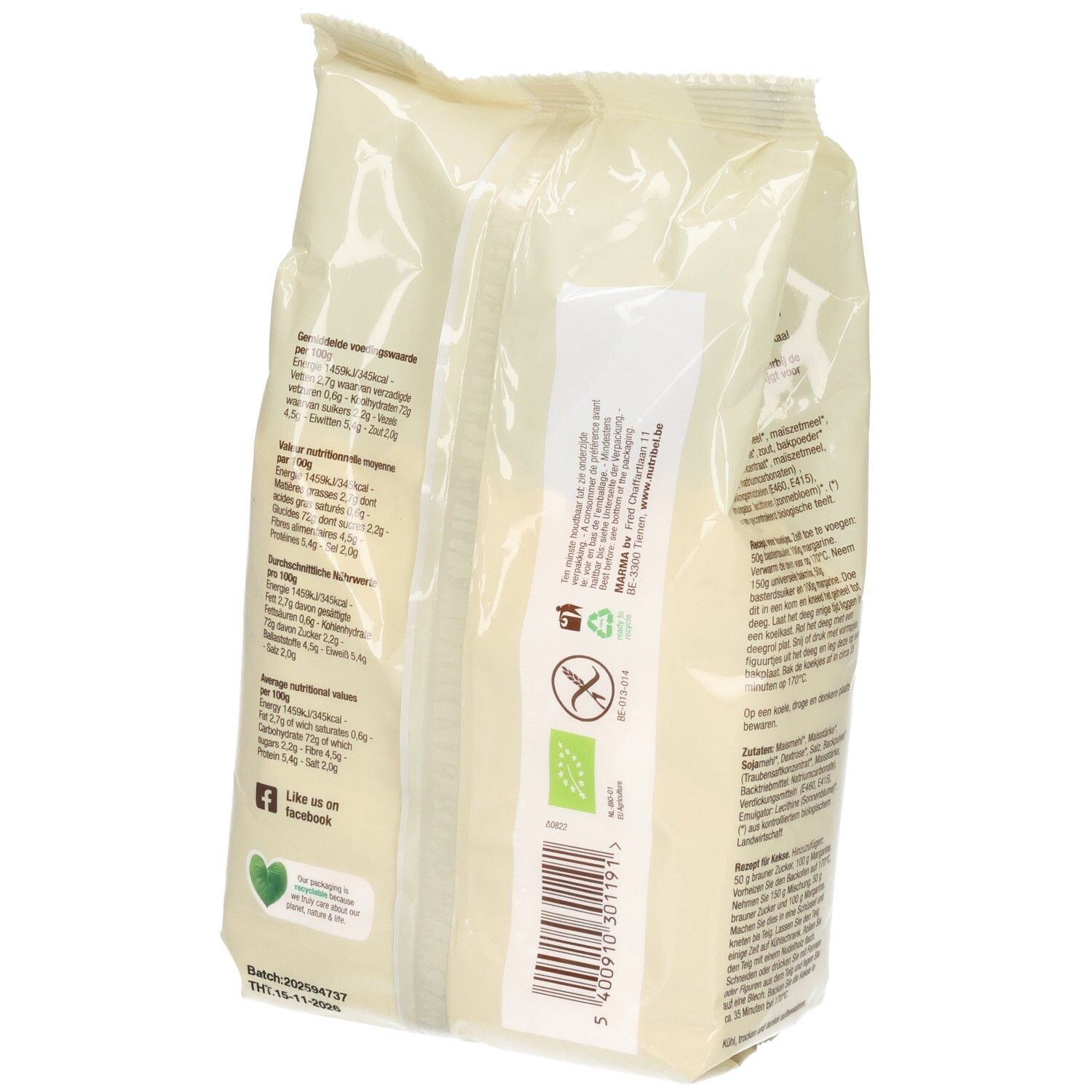 Verpakking Nutribel bakmix. Achterkant met tekst en etiketten. Opschriften: BIO, glutenvrij, vegan. 450g.