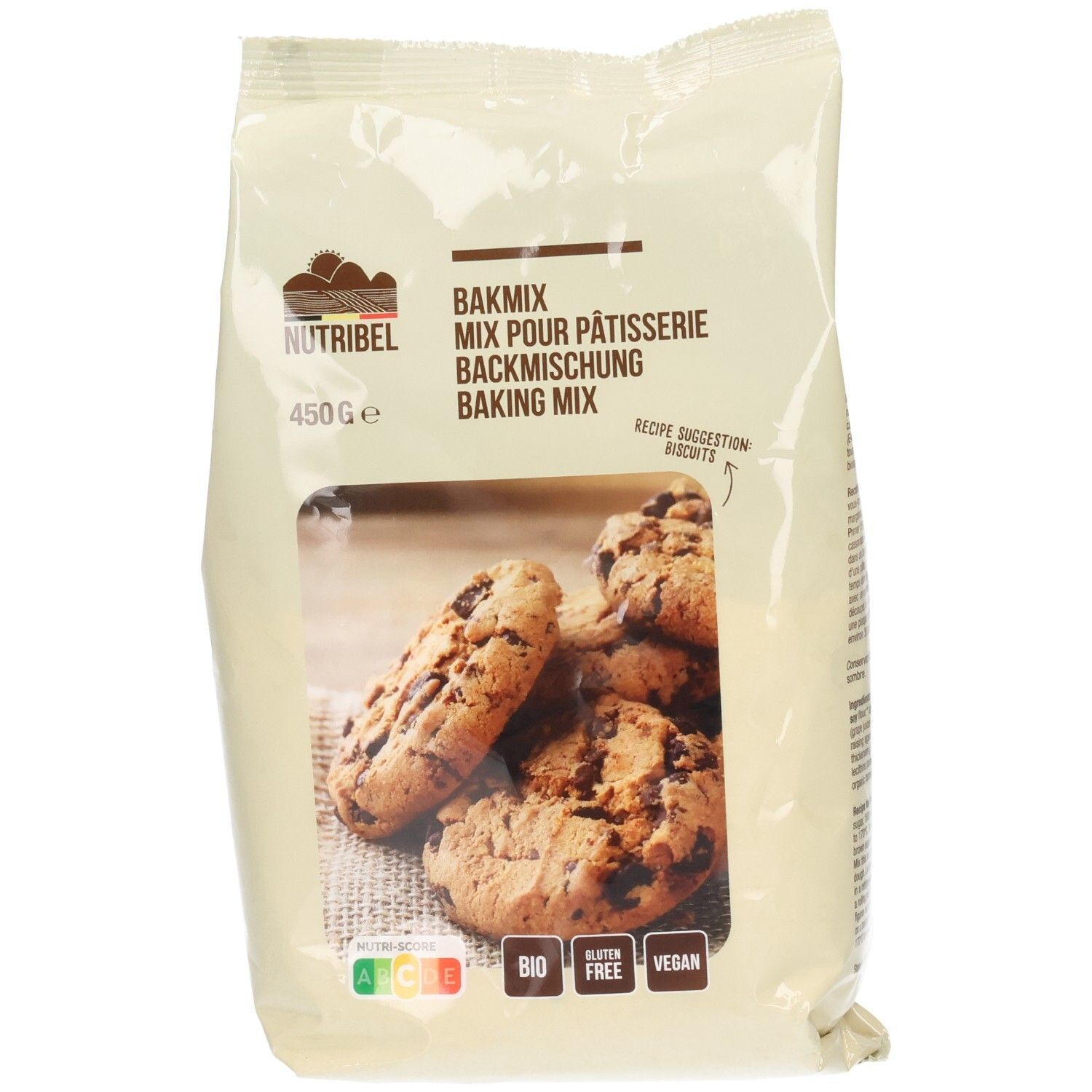 Verpakking Nutribel bakmix. Venster met koekjes. Opschriften: BIO, glutenvrij, vegan. 450g.