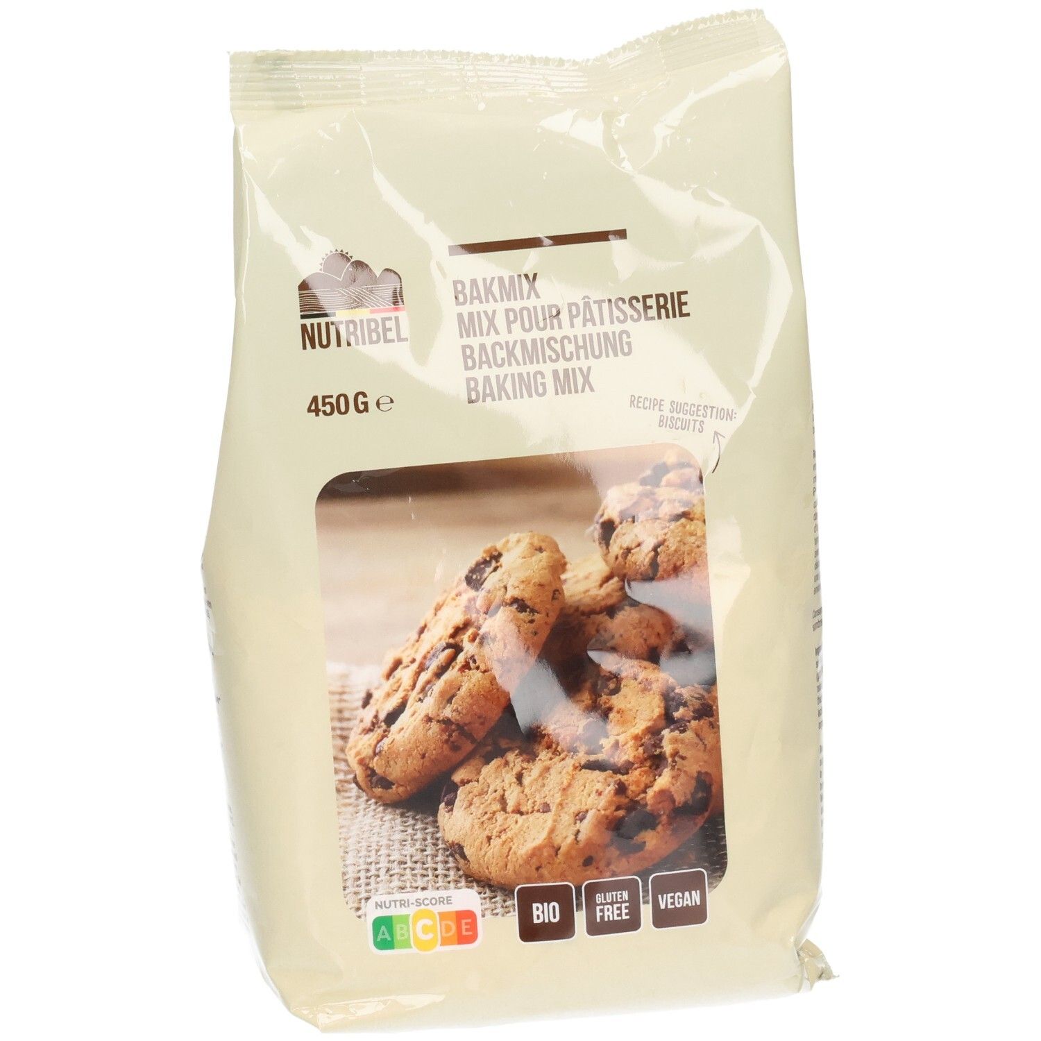 Verpakking Nutribel bakmix. Venster met koekjes. Opschriften: BIO, glutenvrij, vegan. 450g.