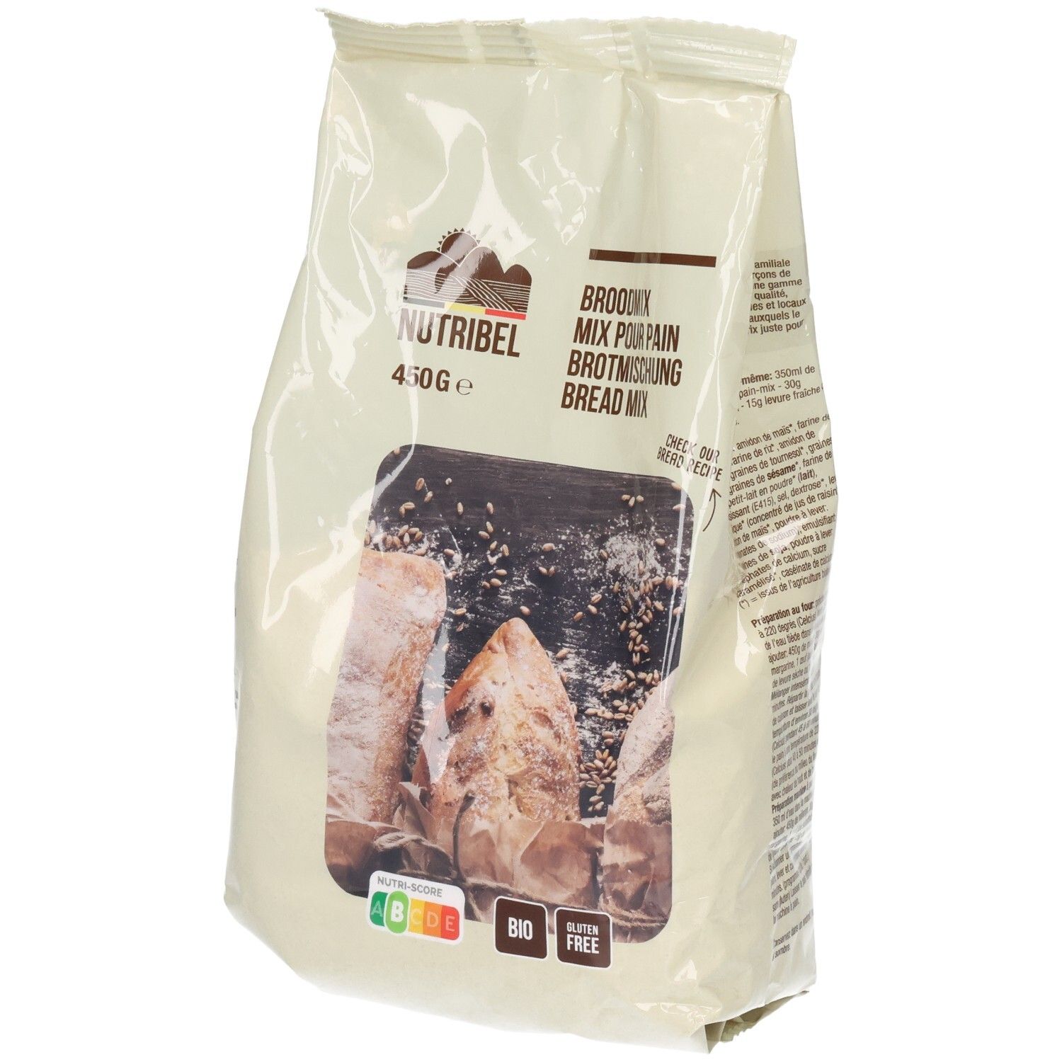 Sachet de mélange à pain. Inscriptions: Nutribel, Broodmix, Bio, sans gluten, 450g. Image de pain.