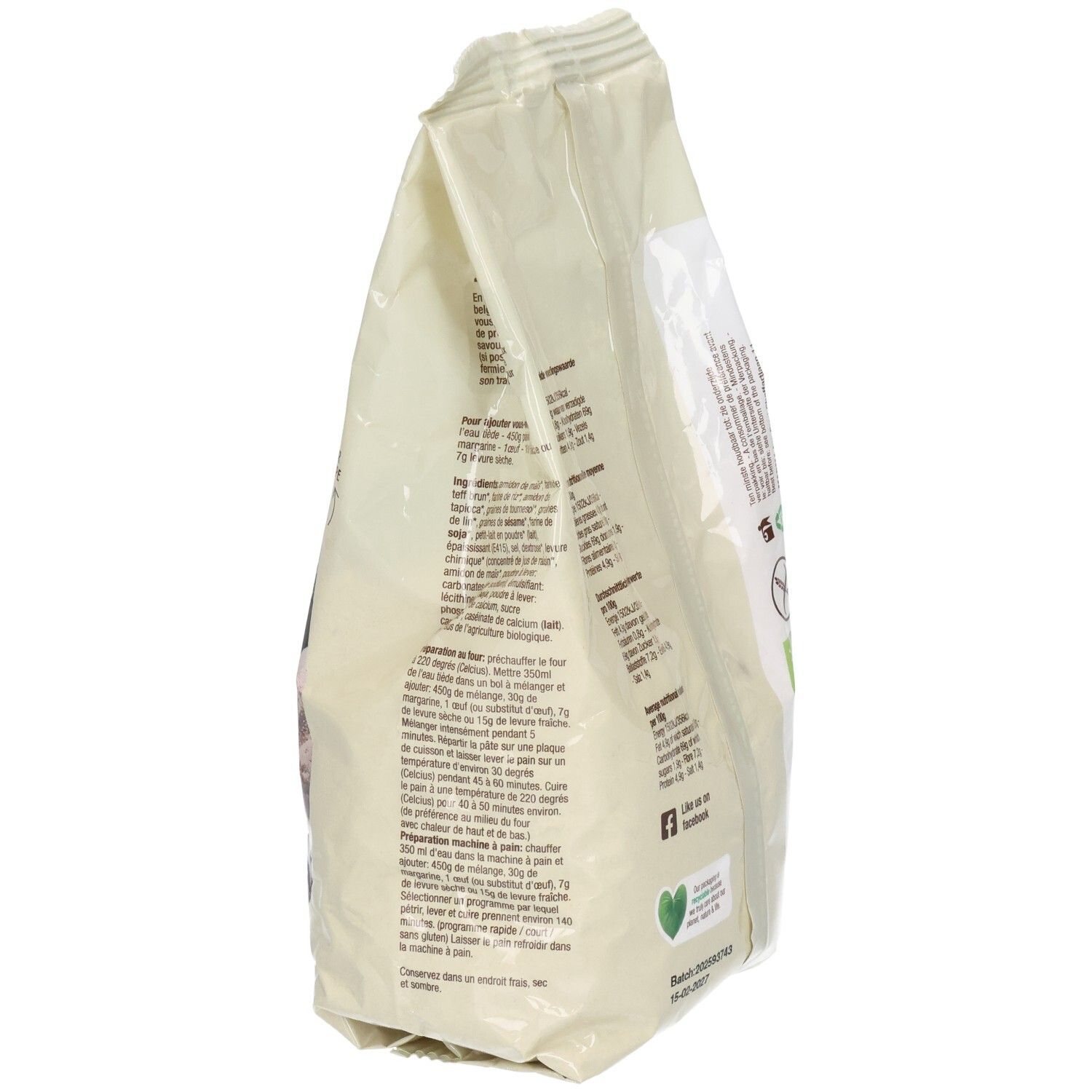 Mélange à pain, vue latérale. Texte, label bio, sans gluten.