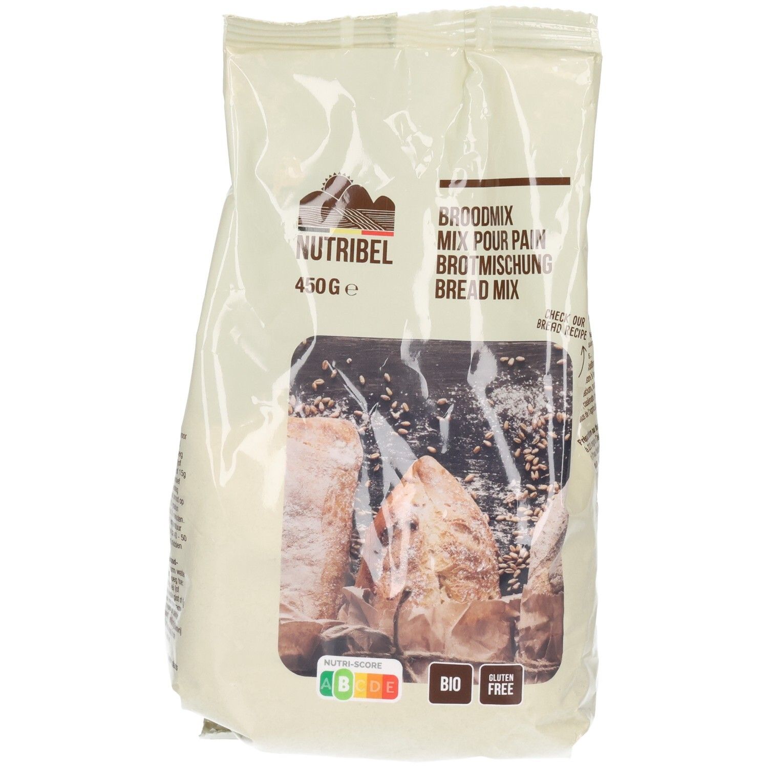 Sachet de mélange à pain. Inscriptions: Nutribel, Broodmix, Bio, sans gluten, 450g. Image de pain.
