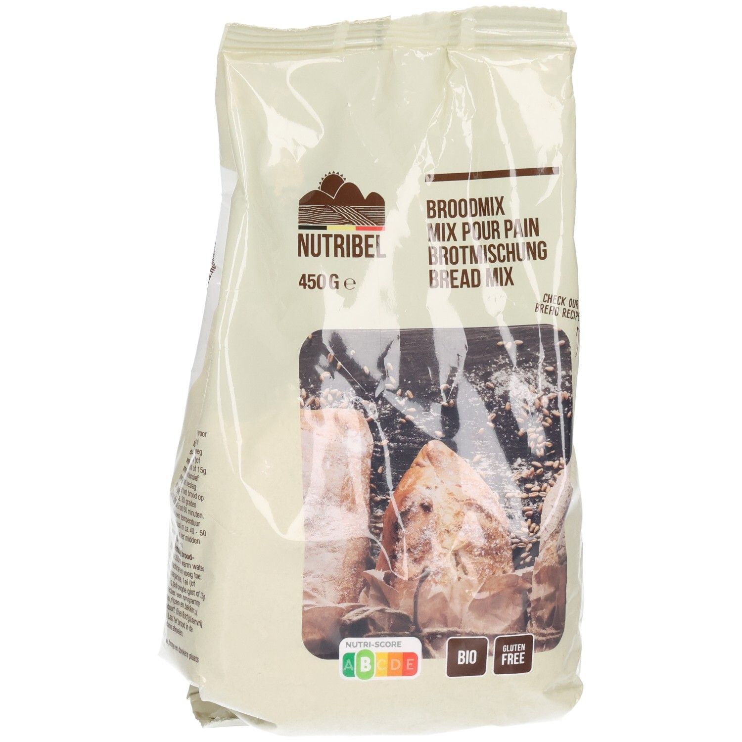 Sachet de mélange à pain. Inscriptions: Nutribel, Broodmix, Bio, sans gluten, 450g. Image de pain.
