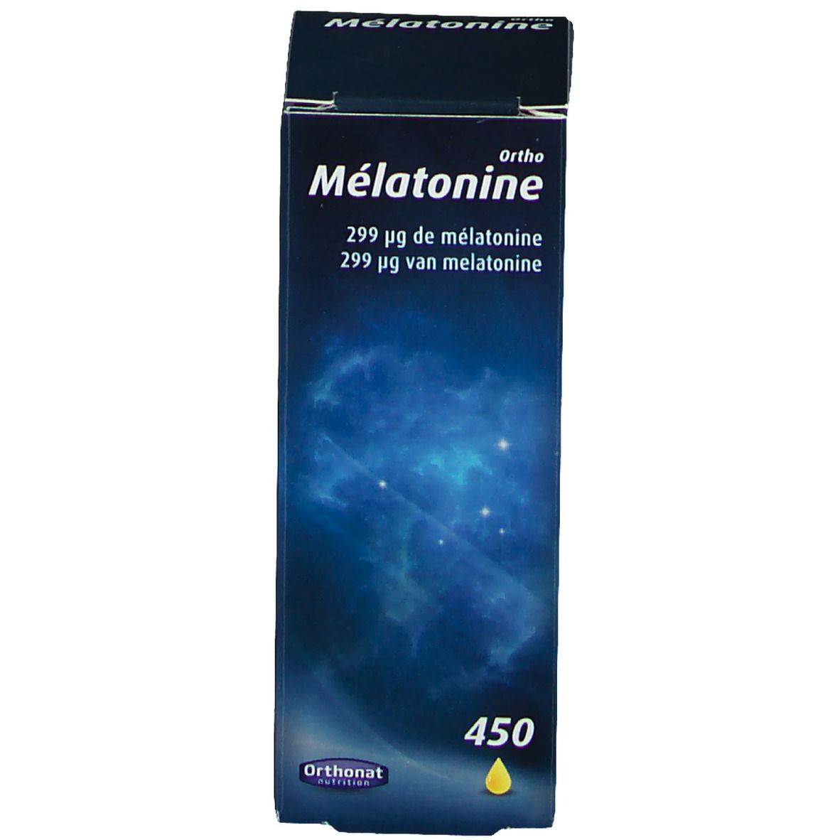 Boîte avec inscription: Mélatonine, 299 µg de mélatonine, 299 µg van melatonine. Goutte jaune et chiffre 450. Marque Ortho.