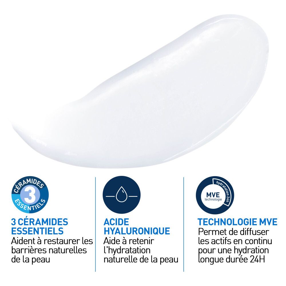 Gros plan d'une goutte de lotion blanche. Texte: 3 CÉRAMIDES ESSENTIELS, ACIDE HYALURONIQUE, TECHNOLOGIE MVE.