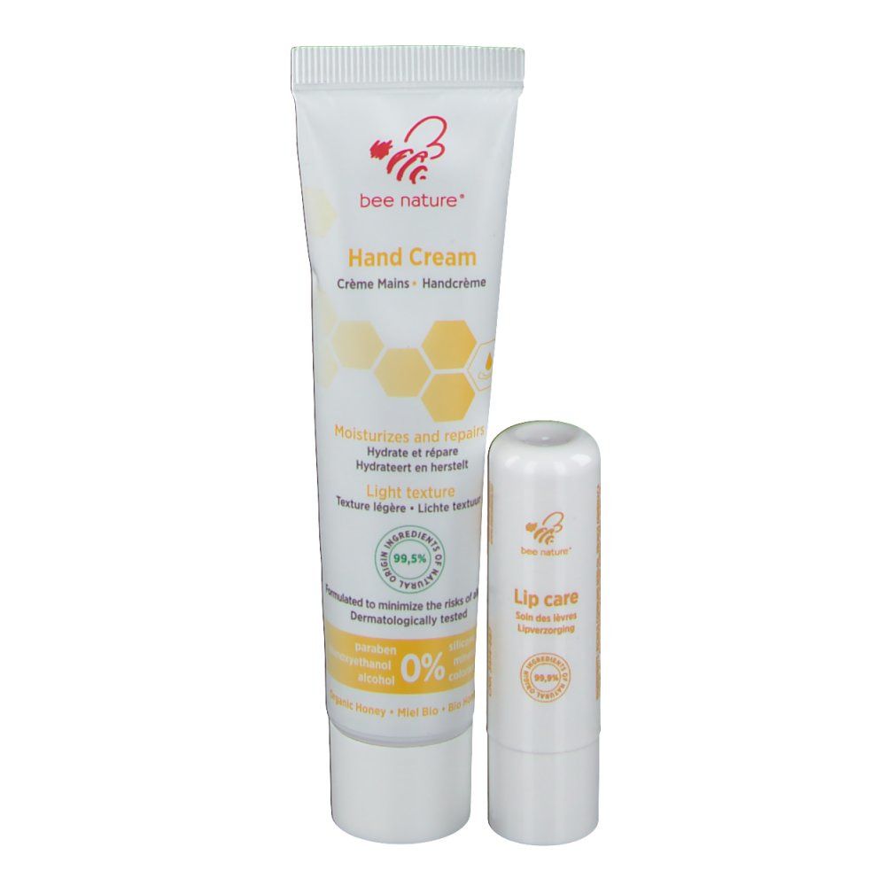 Handcrèmetube en lippenstift. Wit met gele accenten. Opschrift: bee nature®, Hand Cream, Lip care.