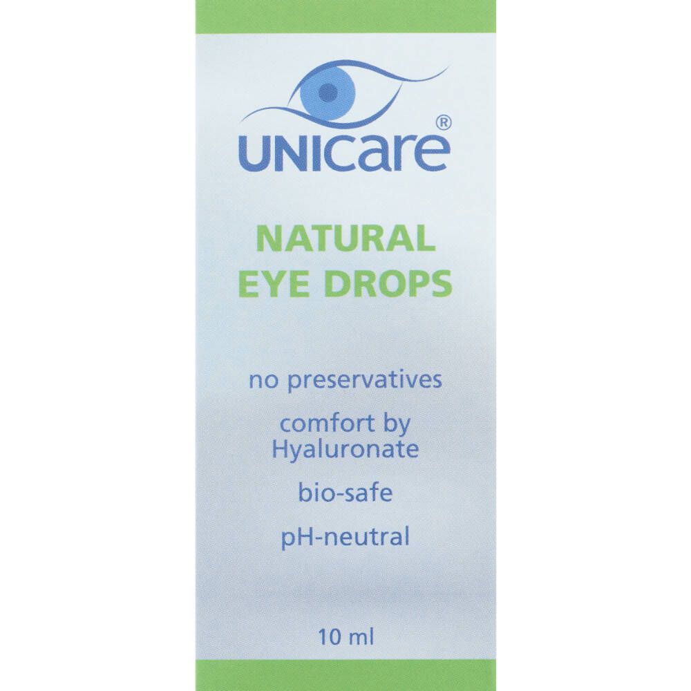 Doosje met Unicare Natural Eye Drops. Opschrift: Natural Eye Drops, 10 ml, zonder bewaarmiddelen.