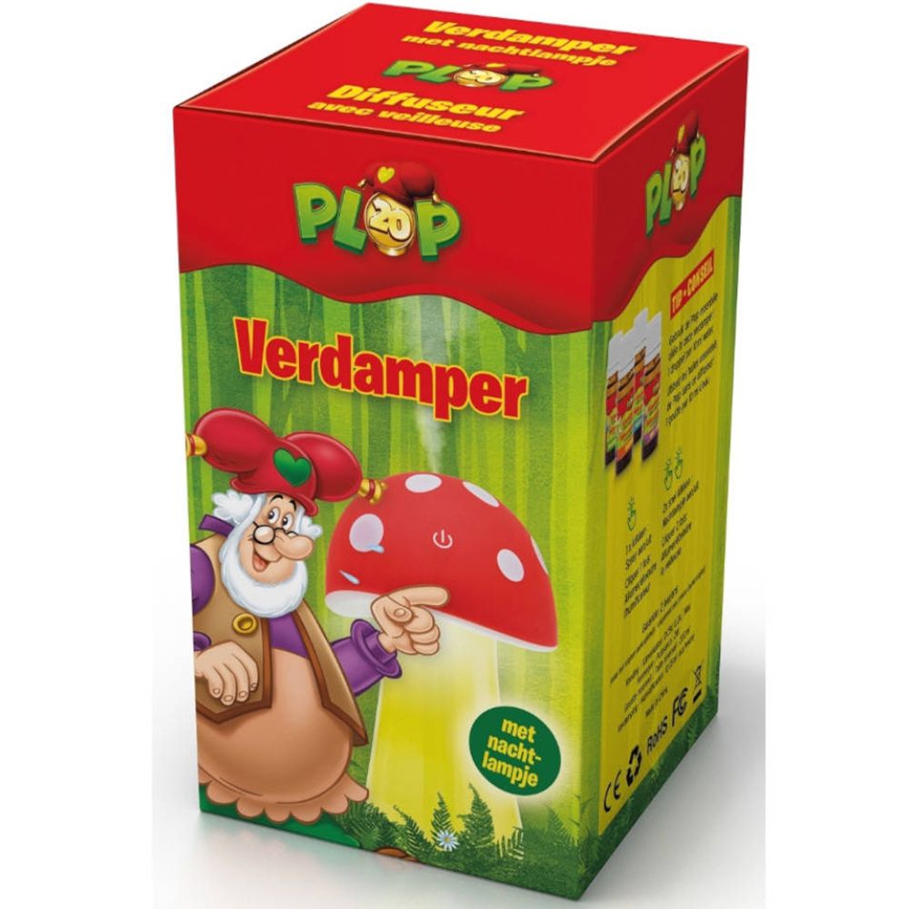 Verpakking van Studio 100 Plop Vaporizadora Champiñón. Rode doos met productafbeelding en tekst. Stoomfunctie.