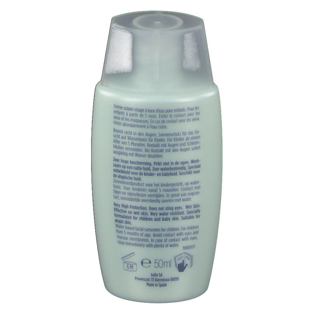 Dos d'un flacon vert clair avec bouchon blanc. Texte multilingue. Indication de volume : 50 ml.