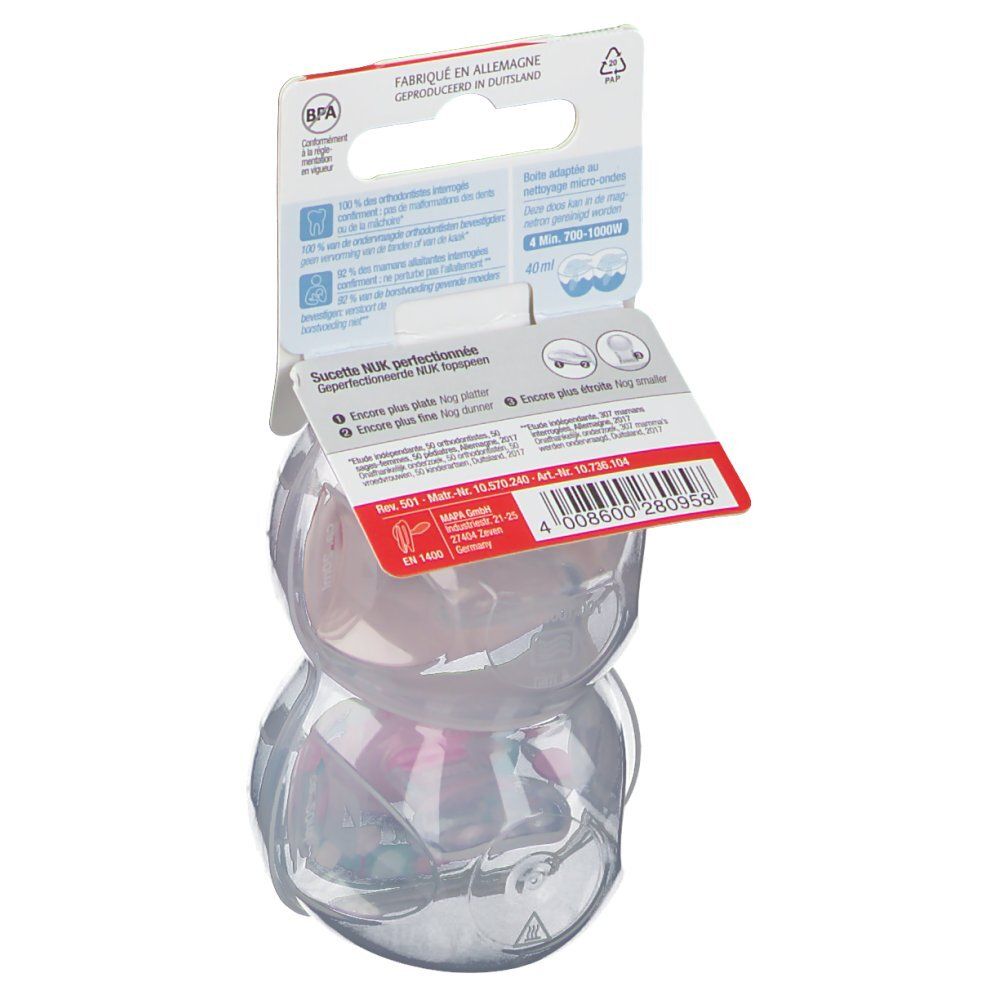 Dos de l'emballage avec deux sucettes. NUK Classic, silicone. Informations multilingues, sans BPA.