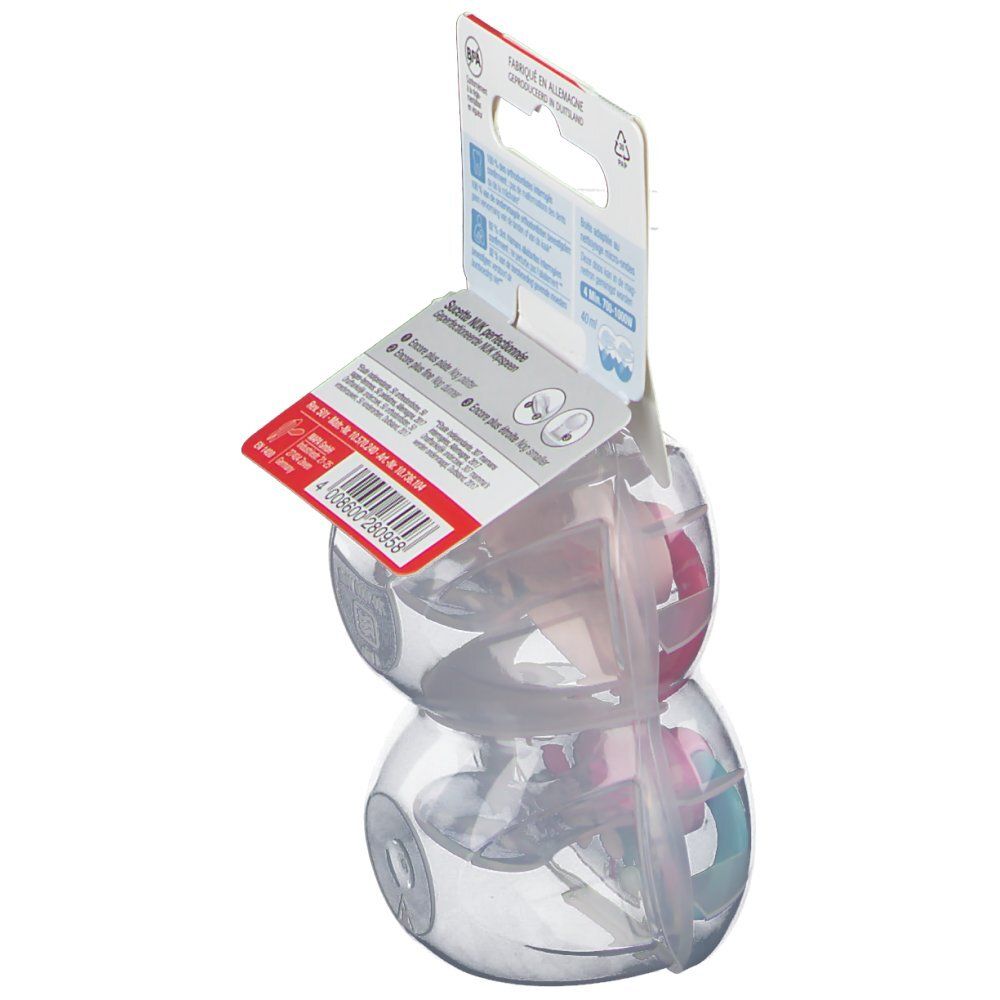 Dos de l'emballage avec deux sucettes. NUK Classic, silicone. Vue latérale.