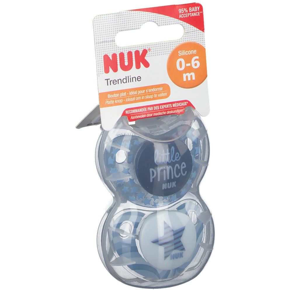 Deux sucettes bleues NUK Trendline dans un emballage. Avec l'impression 'little Prince' et une étoile. Pour 0-6 mois.