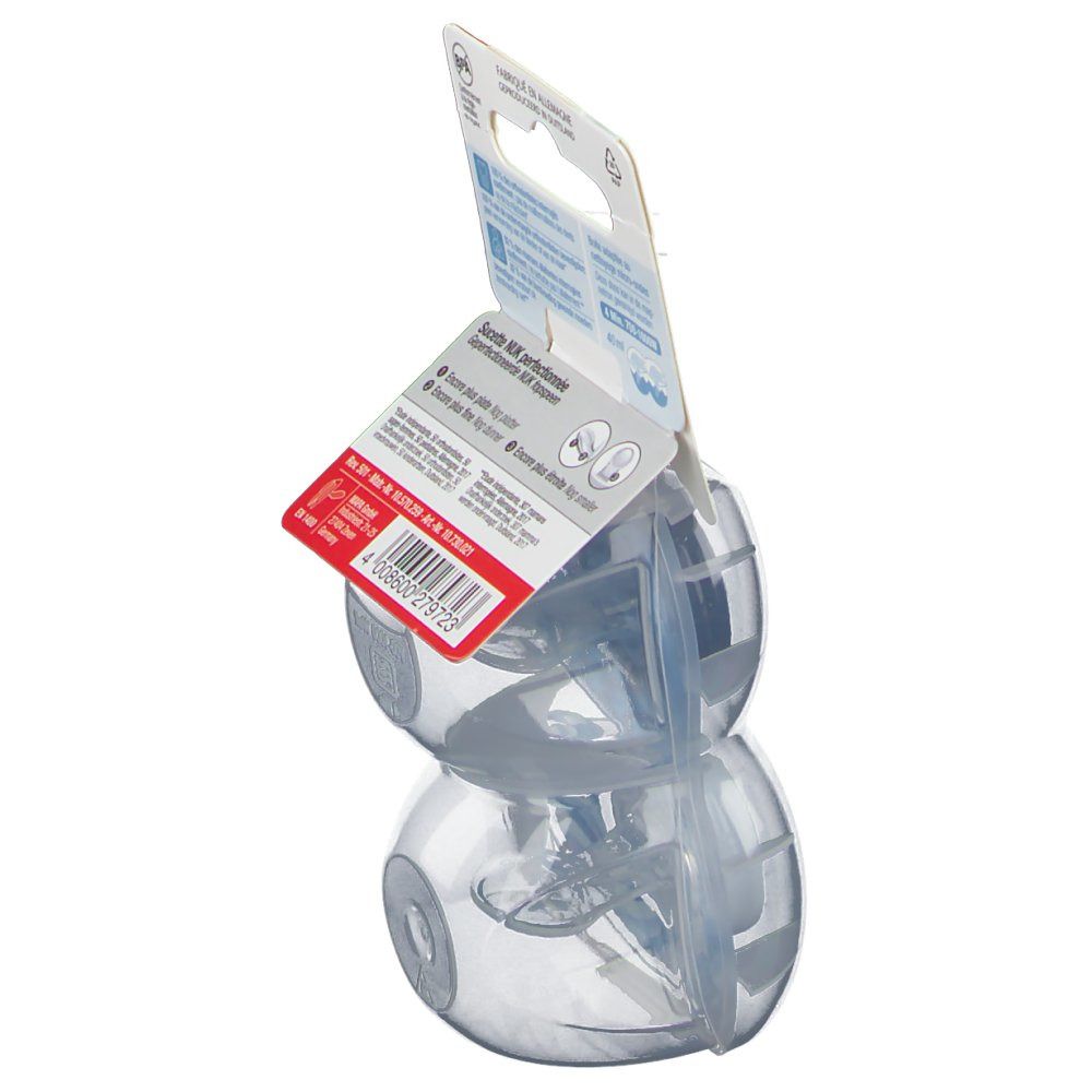 Vue latérale de l'emballage avec deux sucettes bleues NUK Trendline. Dos avec texte et logos.