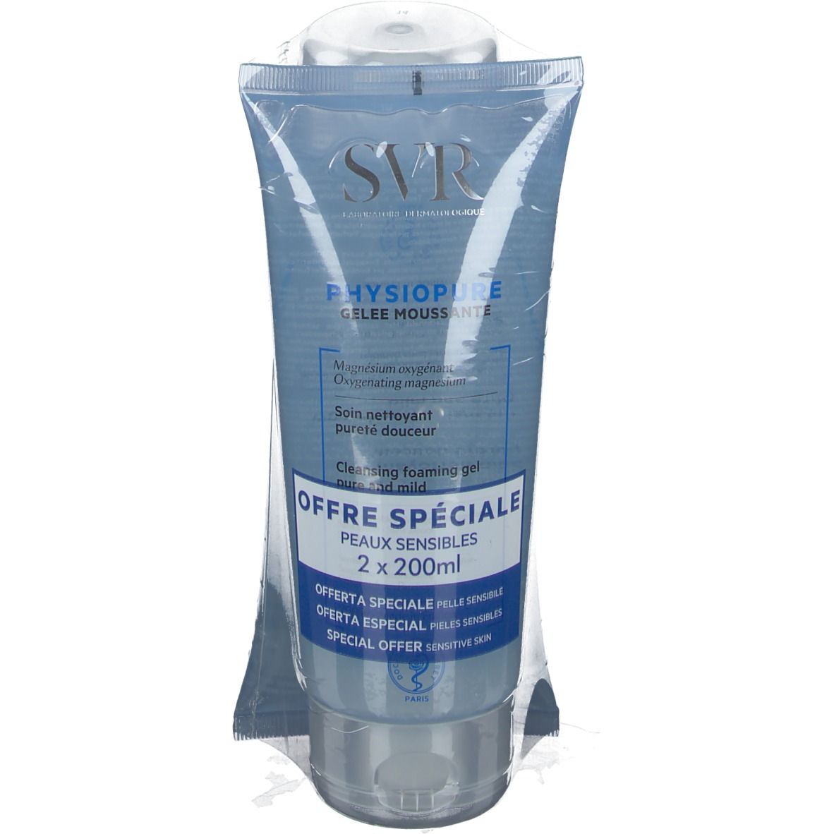 Transparante tube met blauwe gel. Tekst: SVR, PHYSIOPURE, Offre Spéciale, 2 x 200ml. Verpakt in folie.