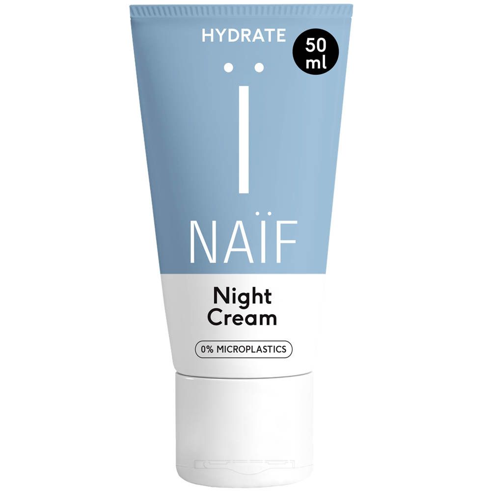 Tube bleu clair avec base blanche. Logo NAÏF® et texte "Night Cream". 50 ml. Sans microplastiques.