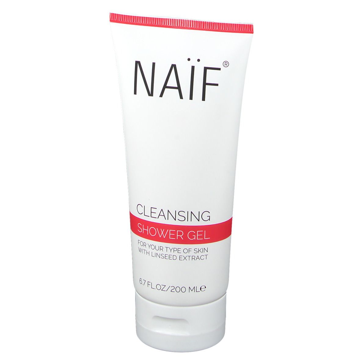 Witte en rode tube Naïf Cleansing Shower Gel. Opschrift Naïf, Cleansing Shower Gel, lijnzaadextract. 6.7 FL.OZ/200 ML.