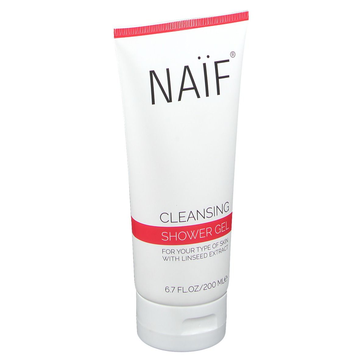 Naïf Cleansing Shower Gel tube, wit en rood. Opschrift Naïf, Cleansing Shower Gel, lijnzaadextract. 6.7 FL.OZ/200 ML.