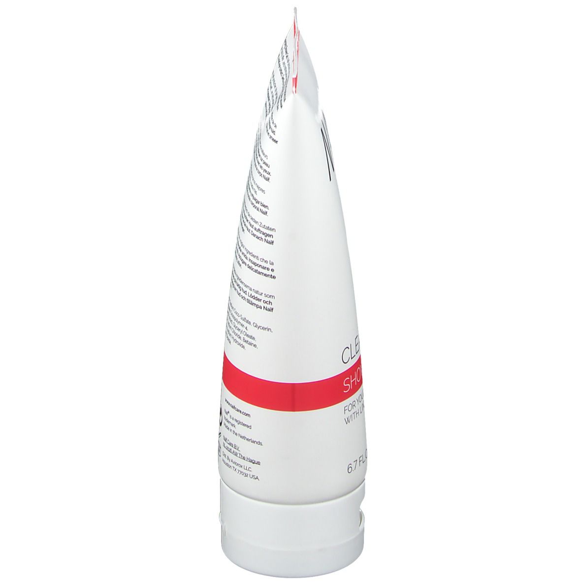 Zijaanzicht van de Naïf Cleansing Shower Gel tube. Wit, rood, belettering. Tekst: Cleansing Shower Gel, lijnzaadextract. 6.7 FL.OZ/200 ML.