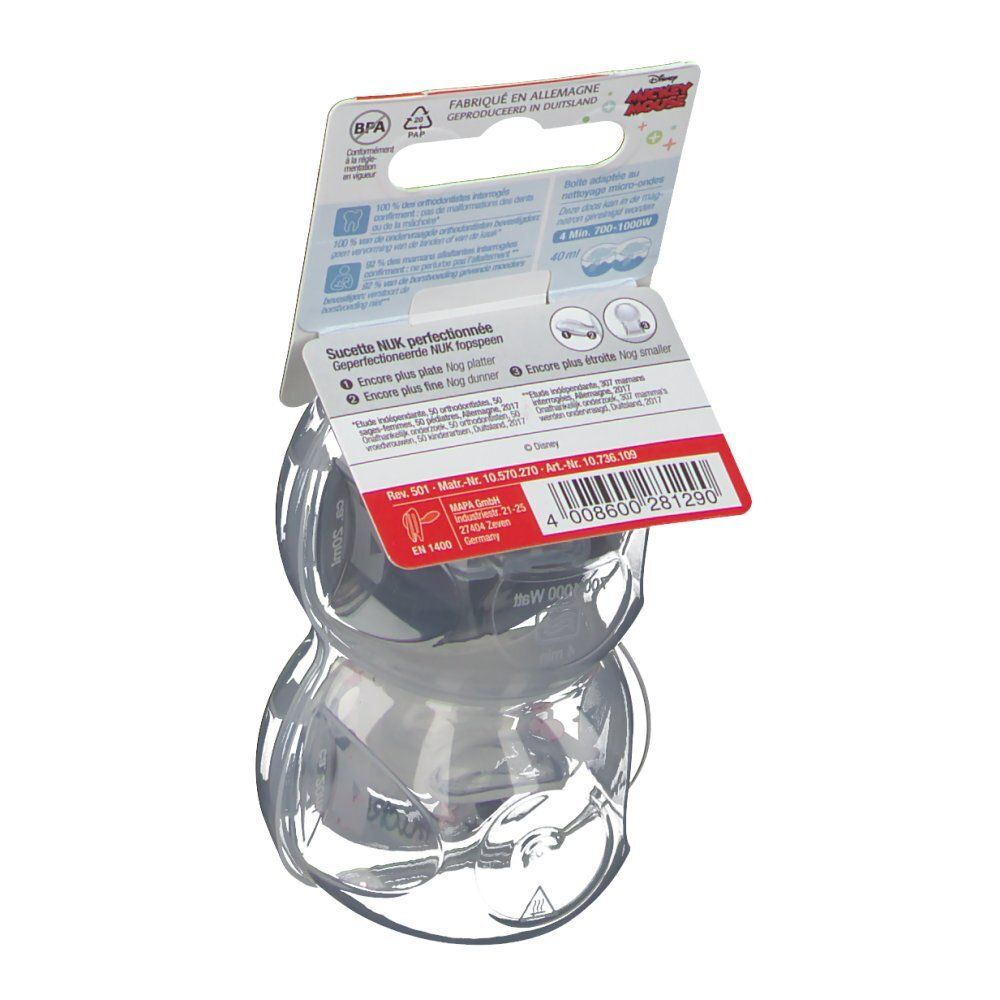 Dos de l'emballage avec deux sucettes. Informations multilingues. Logo NUK et licence Mickey Mouse.