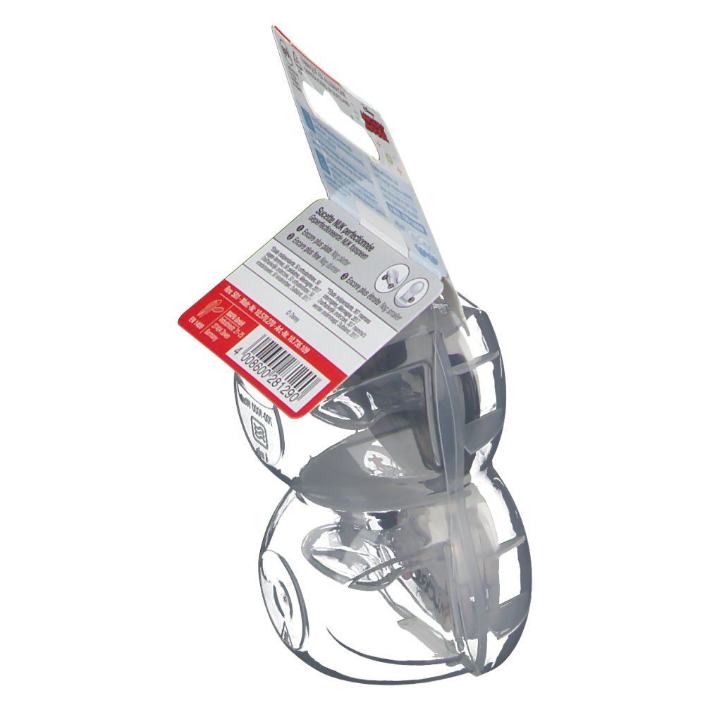 Vue latérale de l'emballage avec deux sucettes. Informations multilingues. Logo NUK et licence Mickey Mouse.