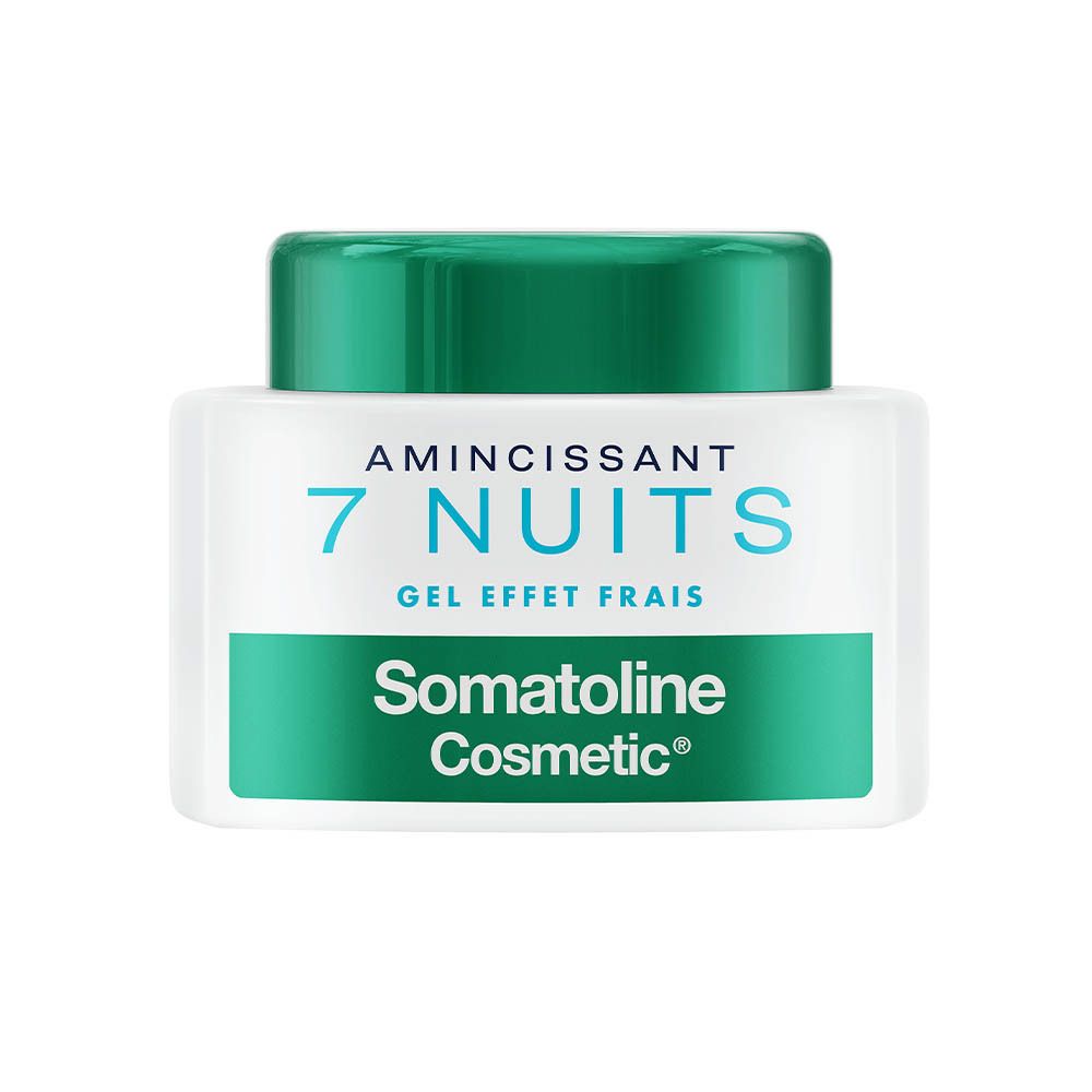 Pot blanc, couvercle vert. Inscription: Amincissant 7 nuits gel frais. Marque: Somatoline Cosmetic.