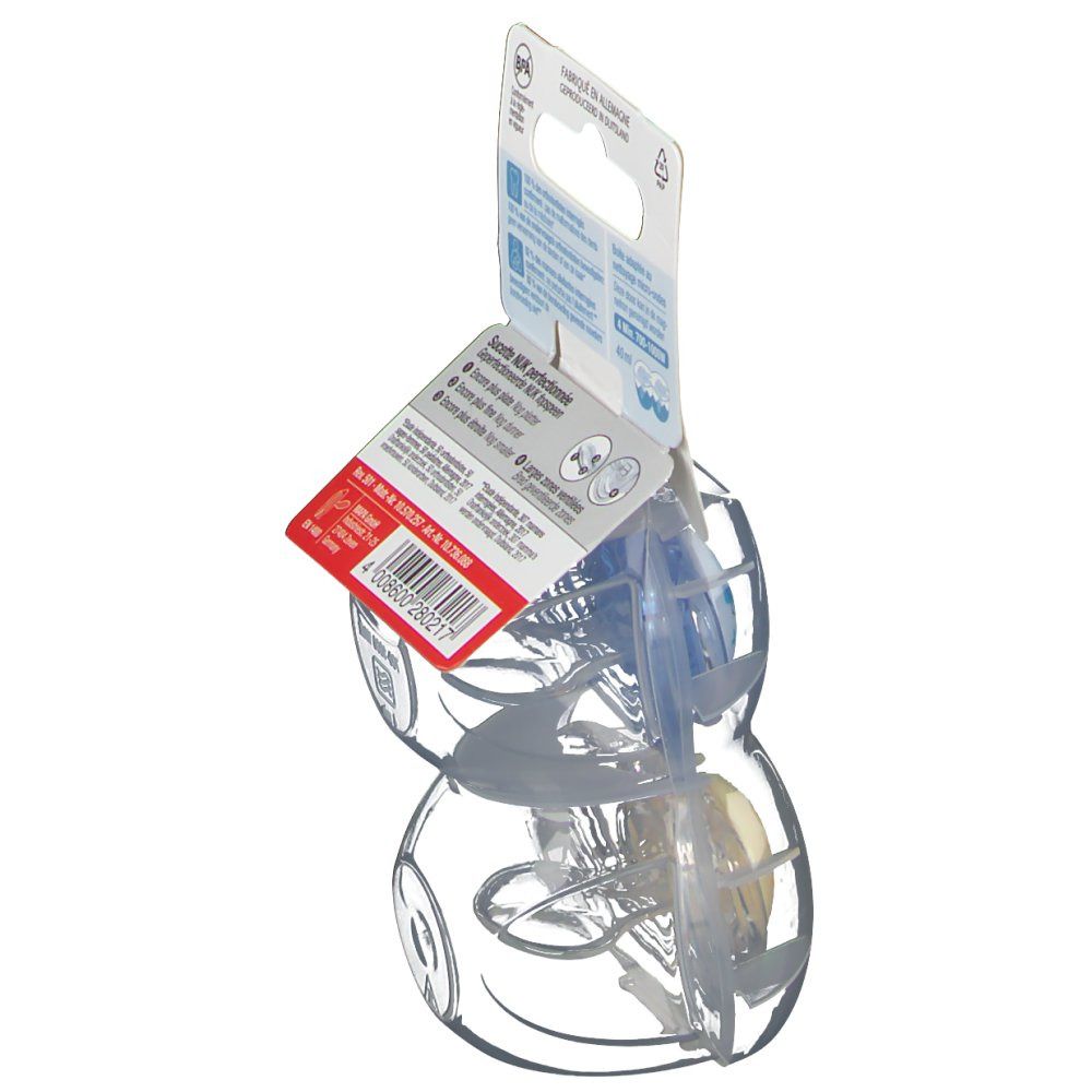 Achteraanzicht van de verpakking met twee NUK Freestyle fopspenen. Informatie en certificeringen zichtbaar.