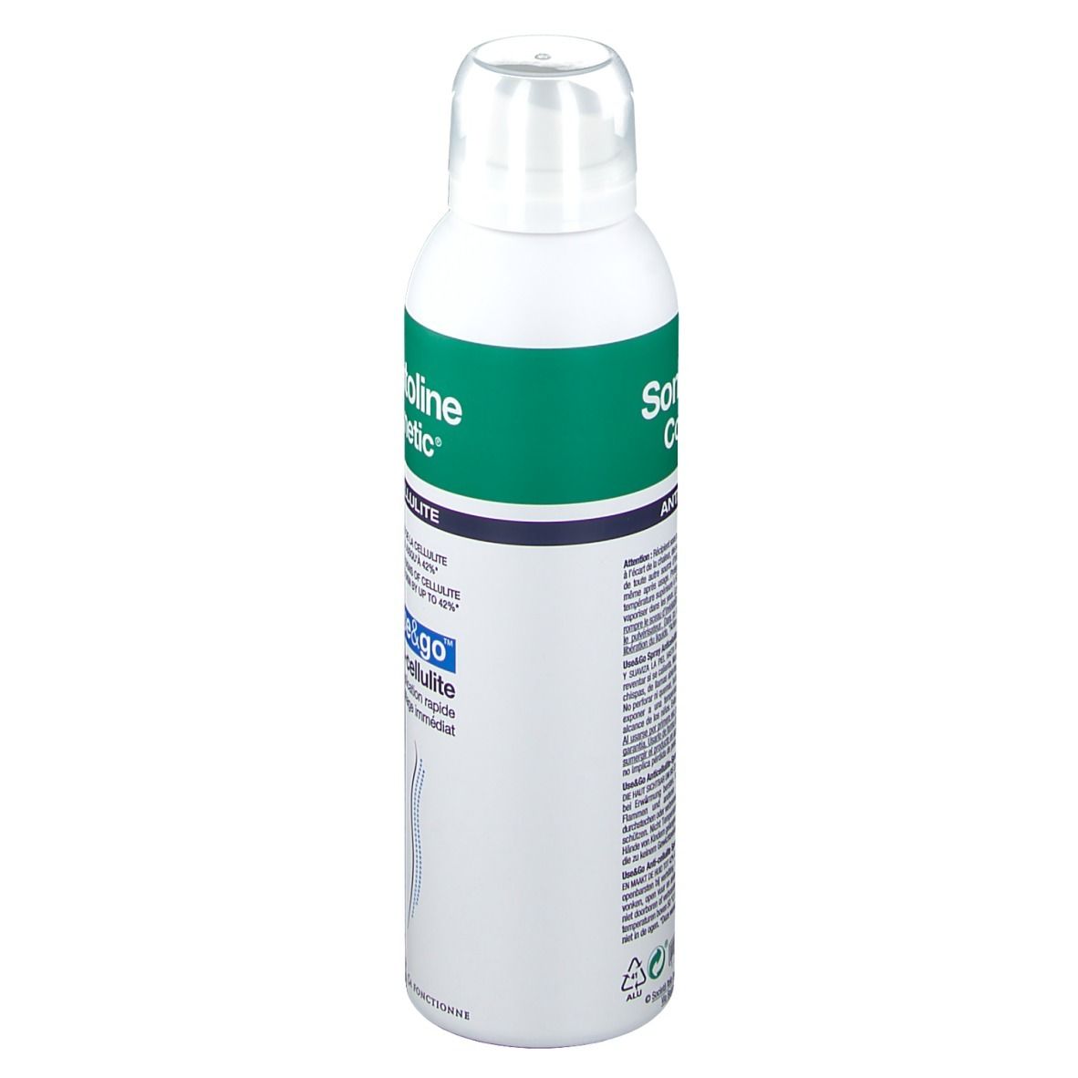 Witte spray met groen etiket. Opschrift: Somatoline Cosmetic, Anti-Cellulite. Zijaanzicht.