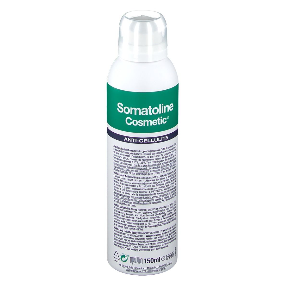 Witte spray met groen etiket. Opschrift: Somatoline Cosmetic, Anti-Cellulite. Tekst op de achterkant.