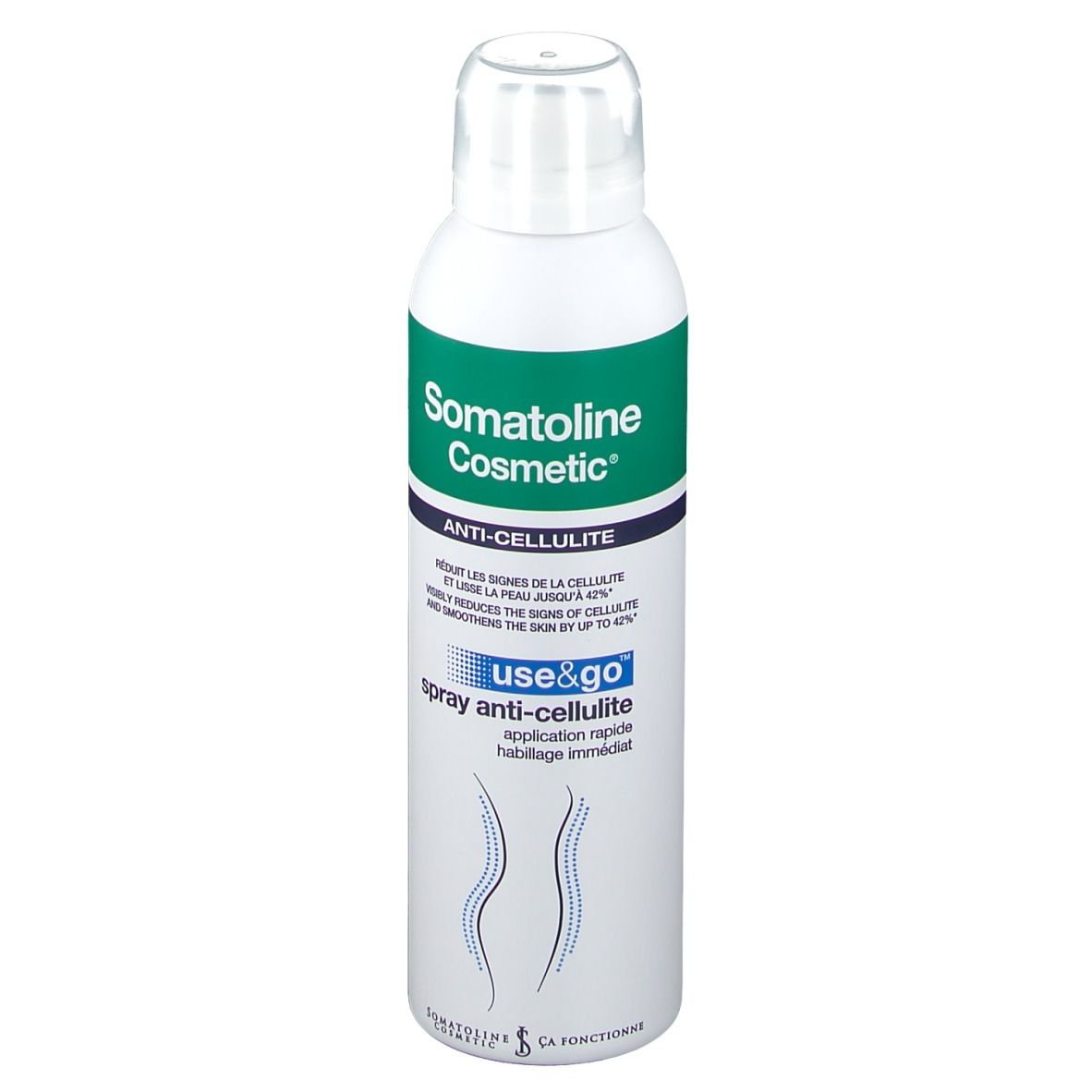 Witte spray met groen etiket. Opschrift: Somatoline Cosmetic, Anti-Cellulite. Met sproeikop.