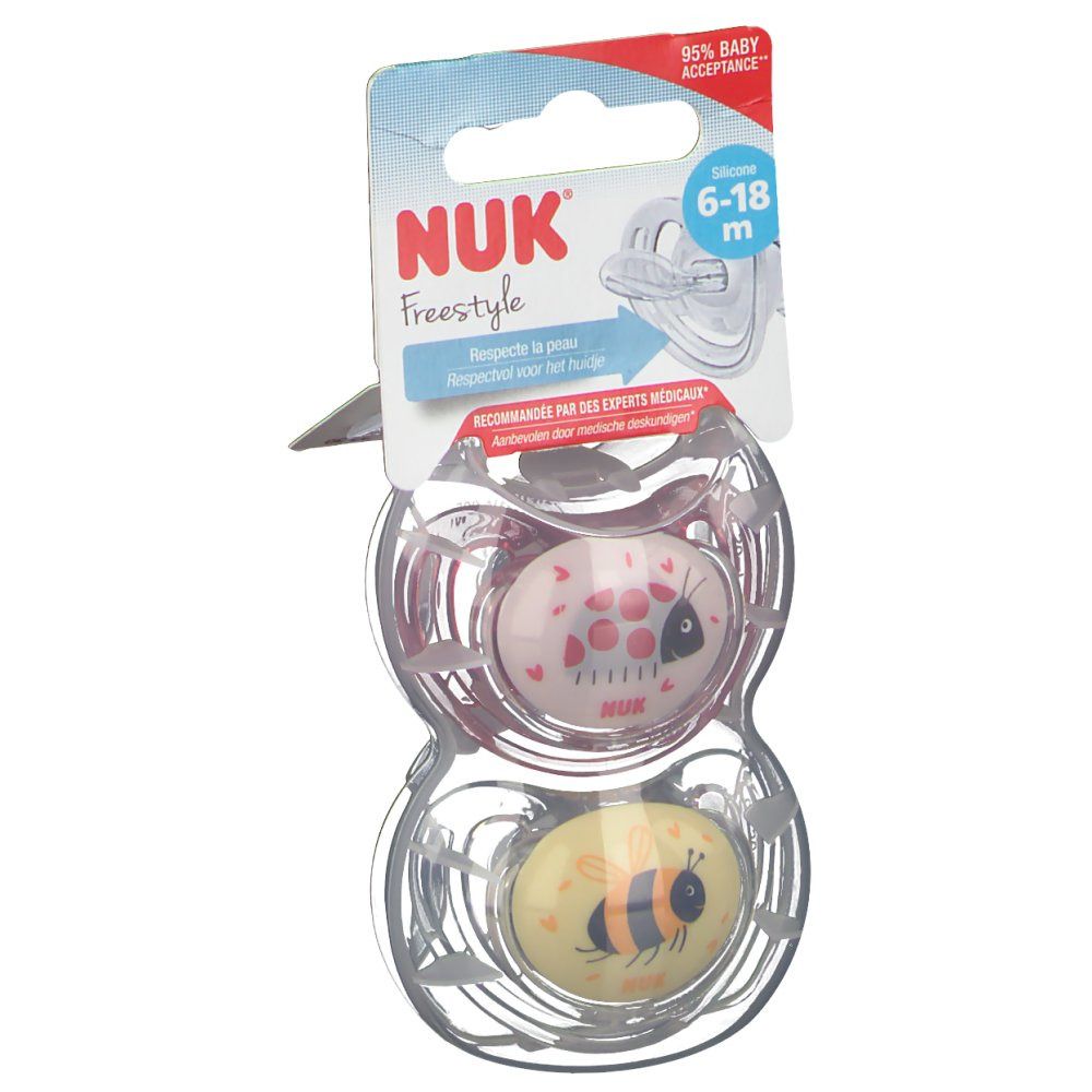 Twee NUK Freestyle fopspenen, 6-18 maanden, in verpakking. Bijen- en lieveheersbeestjesmotief. Siliconen.