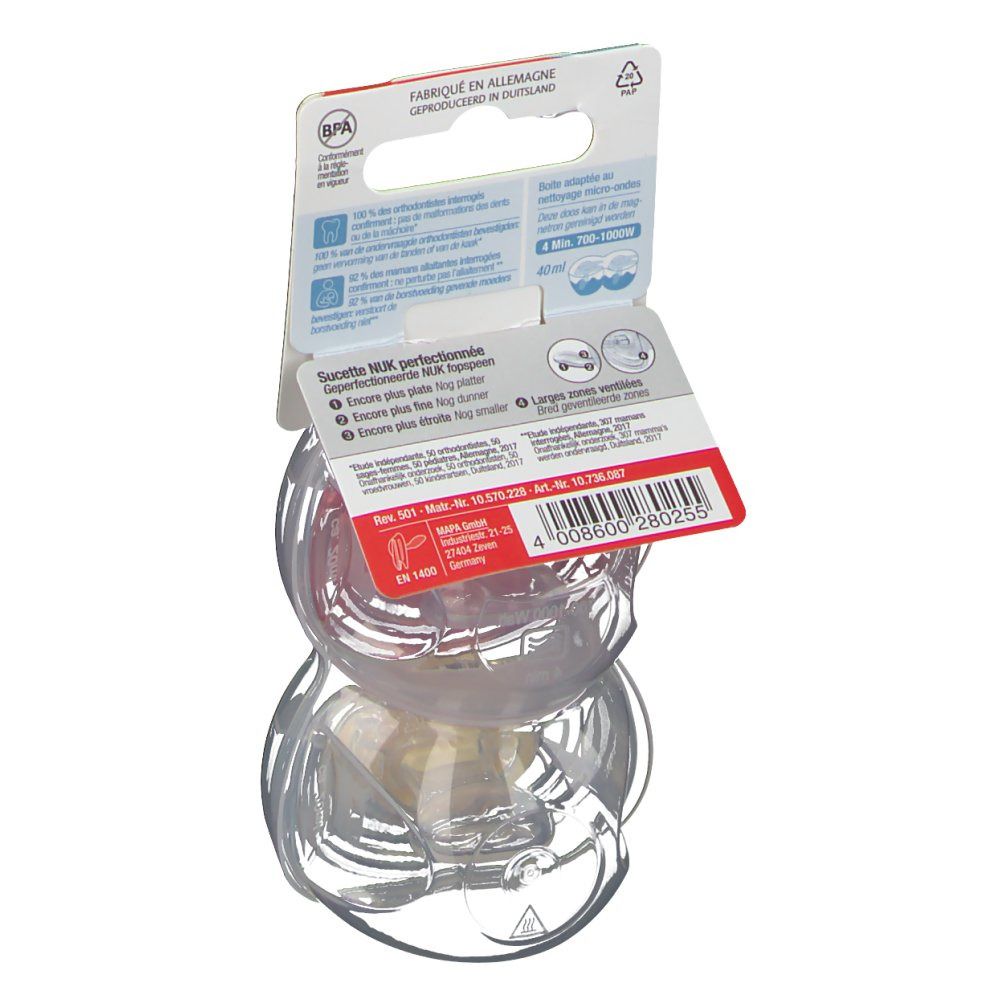 Achterkant van de verpakking met informatie. NUK Freestyle fopspenen. Gemaakt in Duitsland. BPA-vrij.