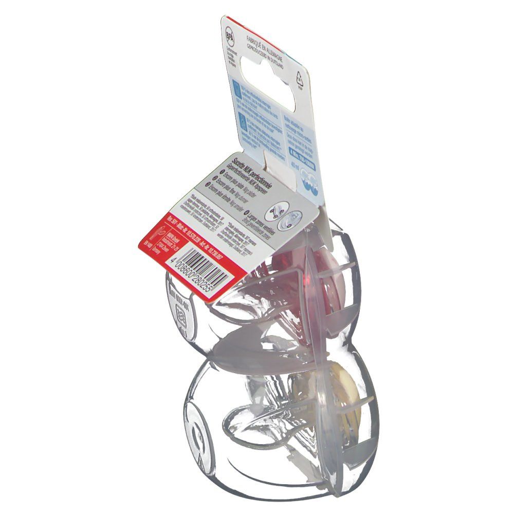 Achterkant van de verpakking met informatie. NUK Freestyle fopspenen. Bovenaanzicht.