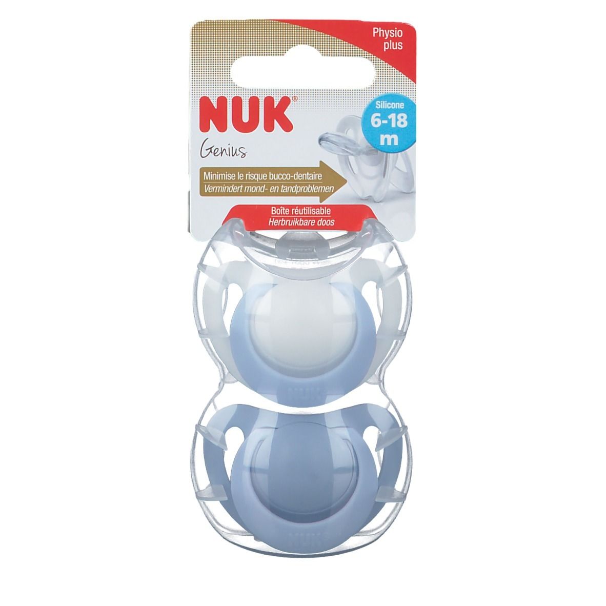 Twee blauwe fopspenen in transparante verpakking. NUK Genius, 6-18 maanden. Physio plus. Herbruikbare doos.