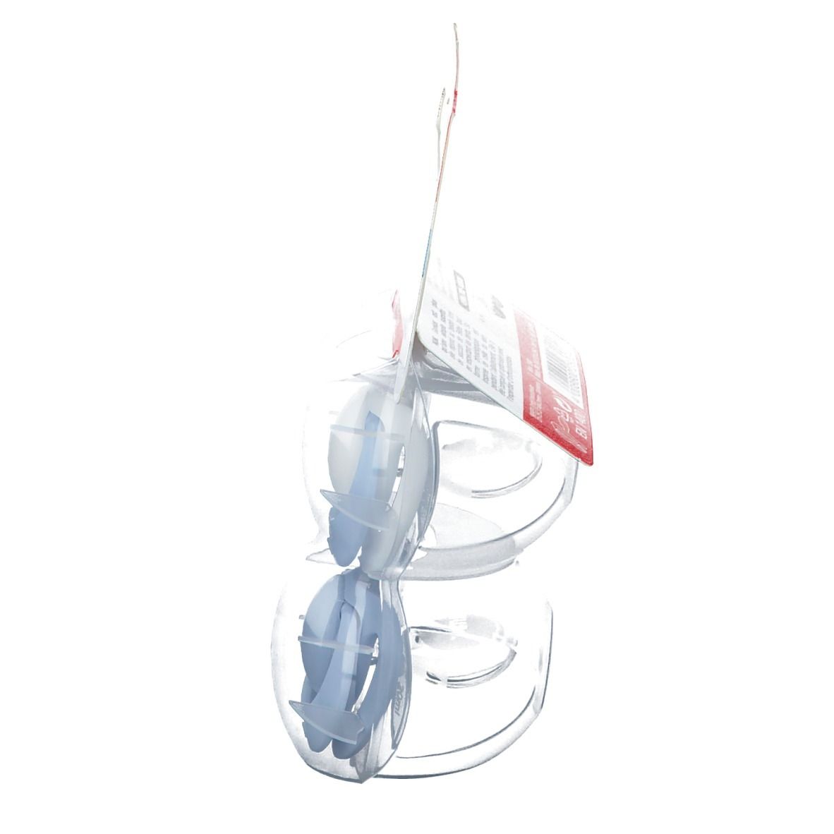 Zijaanzicht van de verpakking met twee blauwe fopspenen. Transparante plastic verpakking. NUK-label.