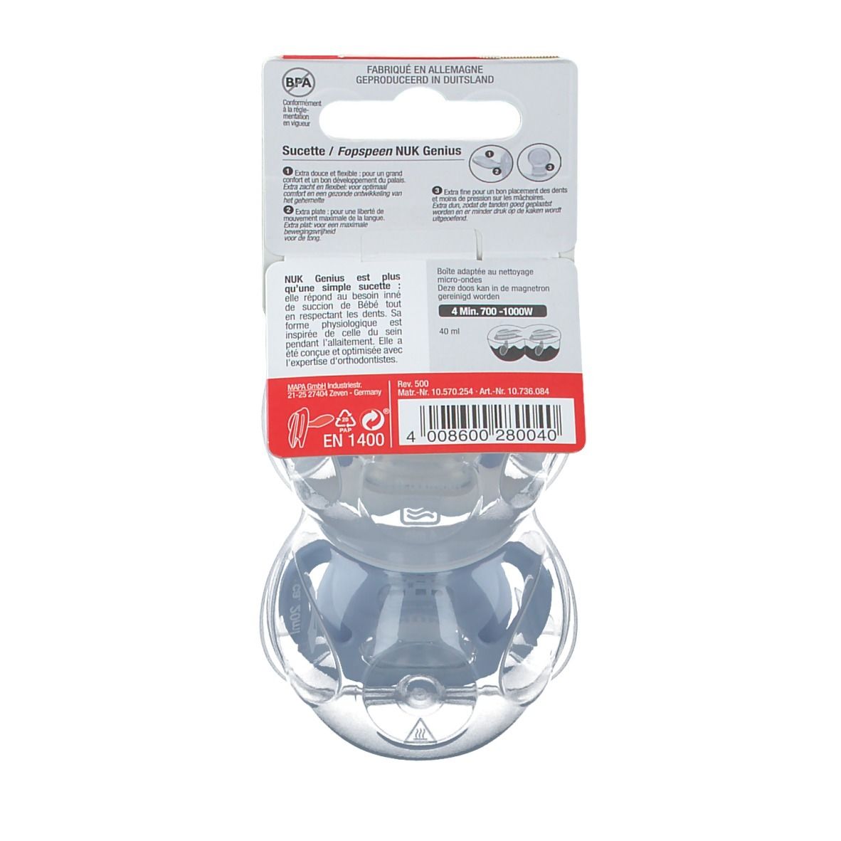 Achterkant van de verpakking met informatie. Twee blauwe fopspenen in transparante verpakking. NUK Genius.