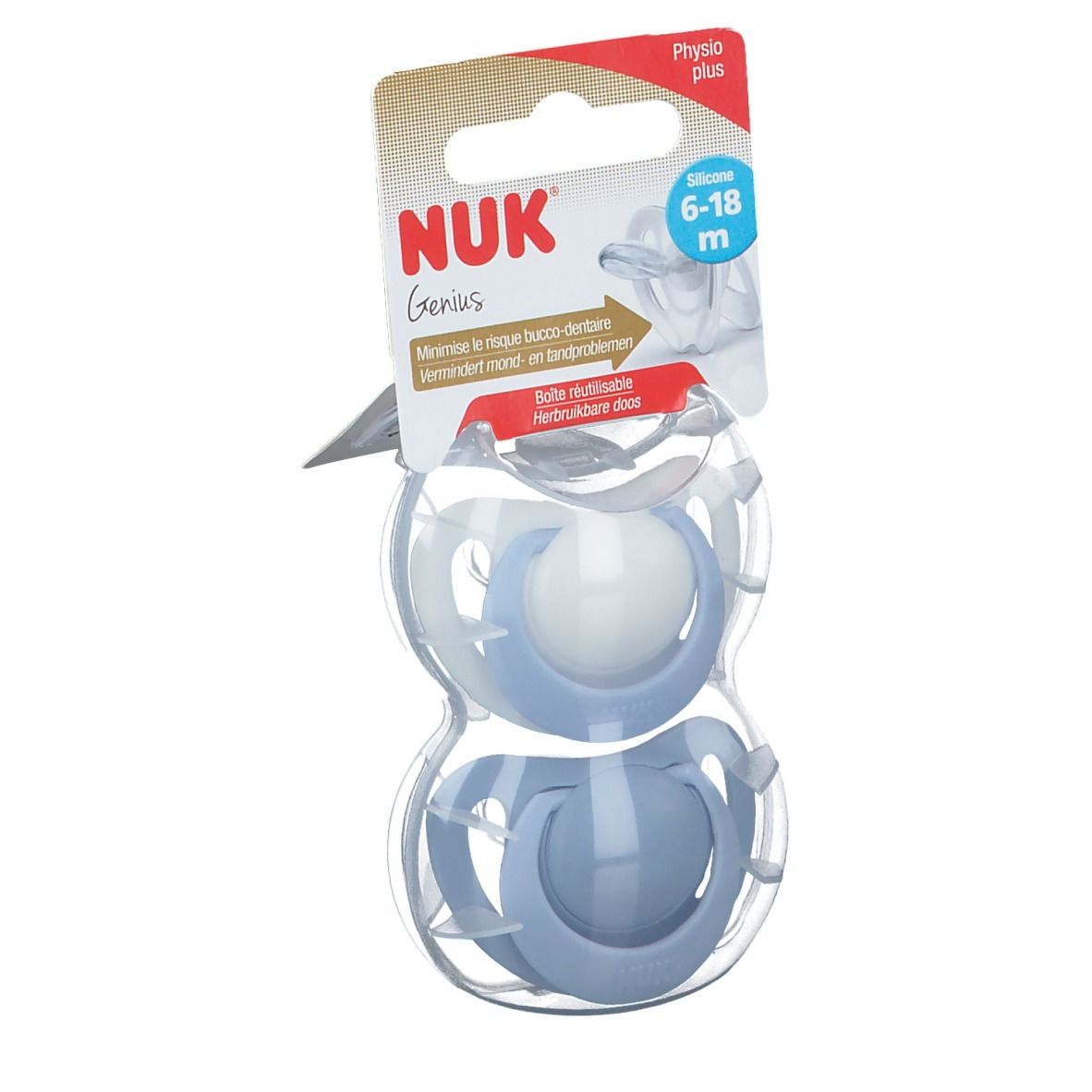 Twee blauwe fopspenen in transparante verpakking. NUK Genius, 6-18 maanden. Physio plus. Herbruikbare doos.