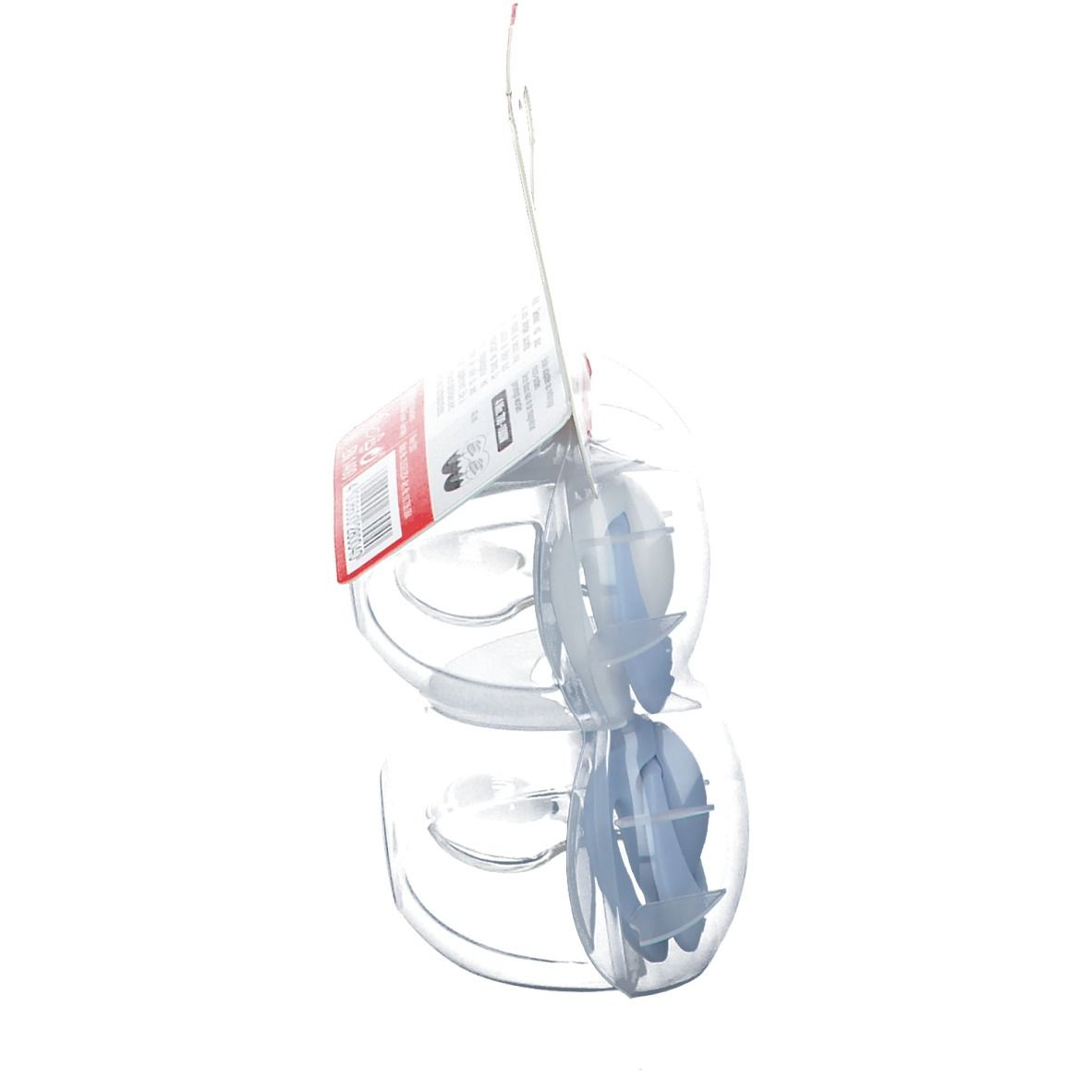 Zijaanzicht van de verpakking met twee blauwe fopspenen. Transparante plastic verpakking. NUK-label.