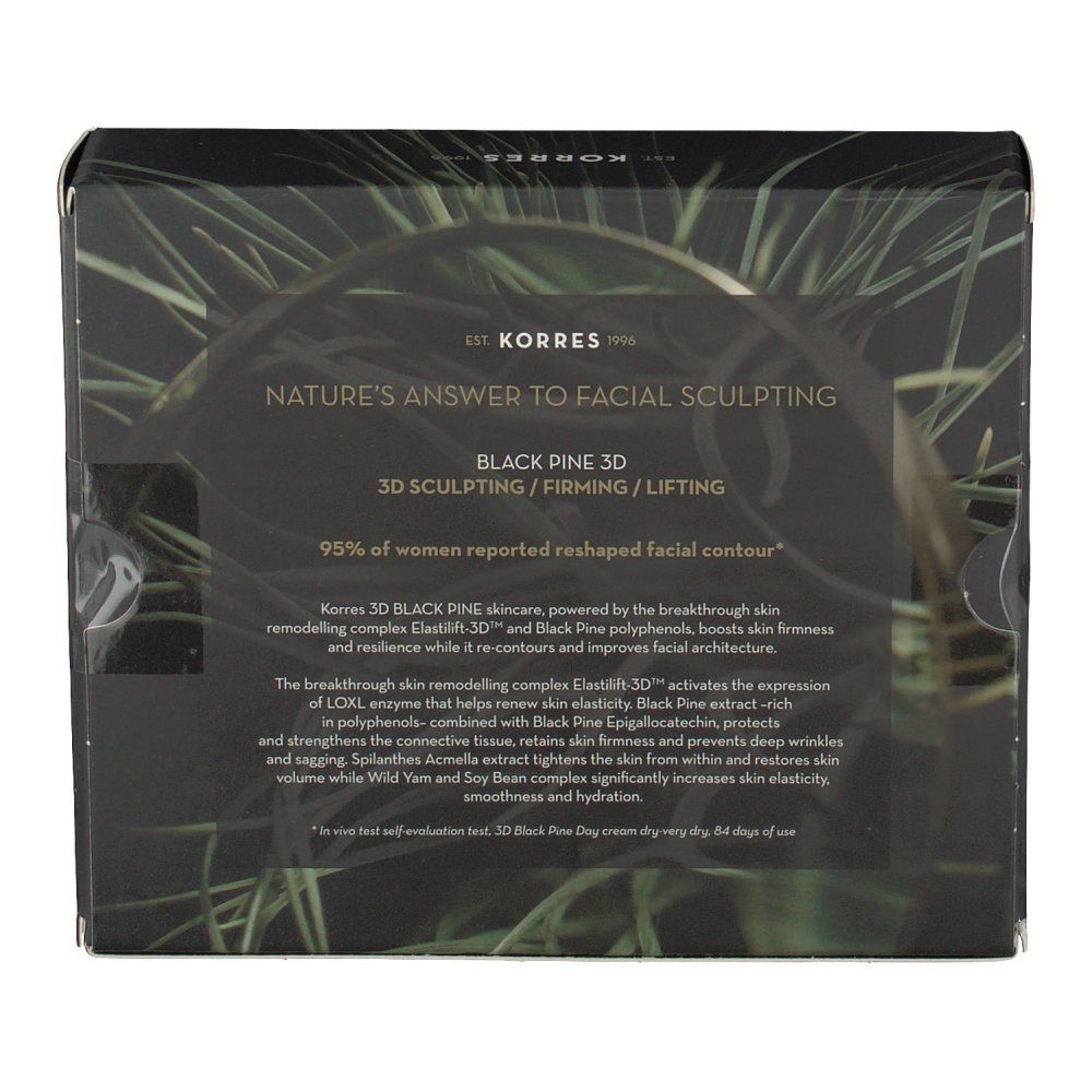 Achterkant van de zwarte geschenkverpakking. Tekst met productinformatie en logo.