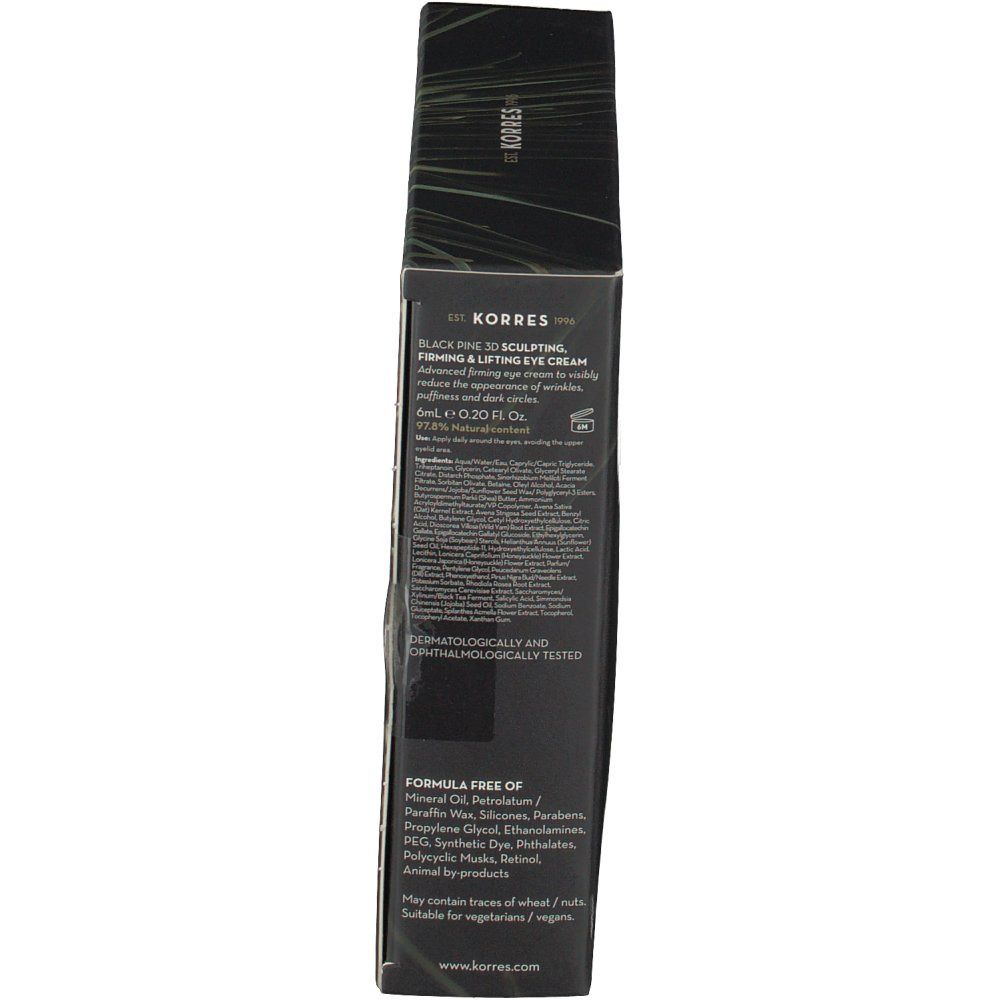 Zijaanzicht van de zwarte geschenkverpakking. Tekst met productinformatie en logo.