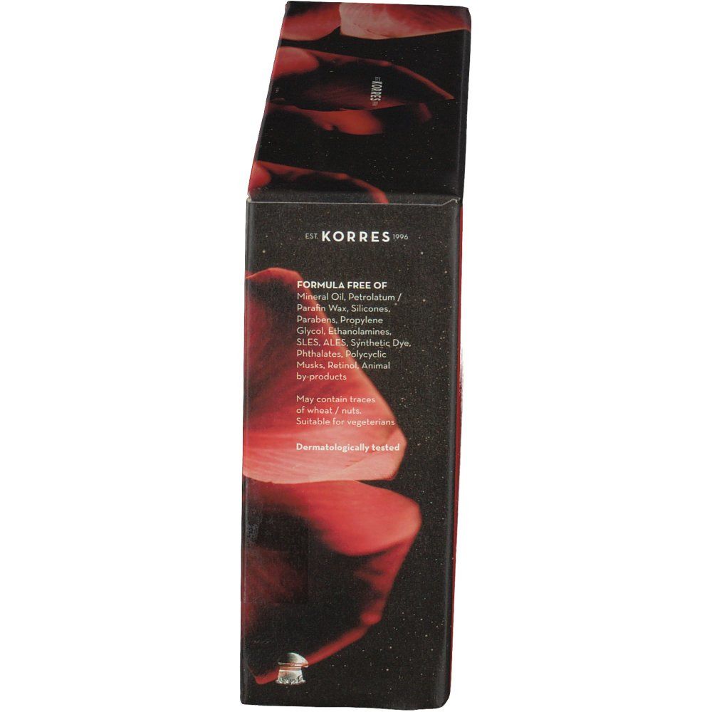 Zijaanzicht van de geschenkverpakking. Tekst: Korres, Formule vrij van... Geschikt voor vegetariërs. Dermatologisch getest.