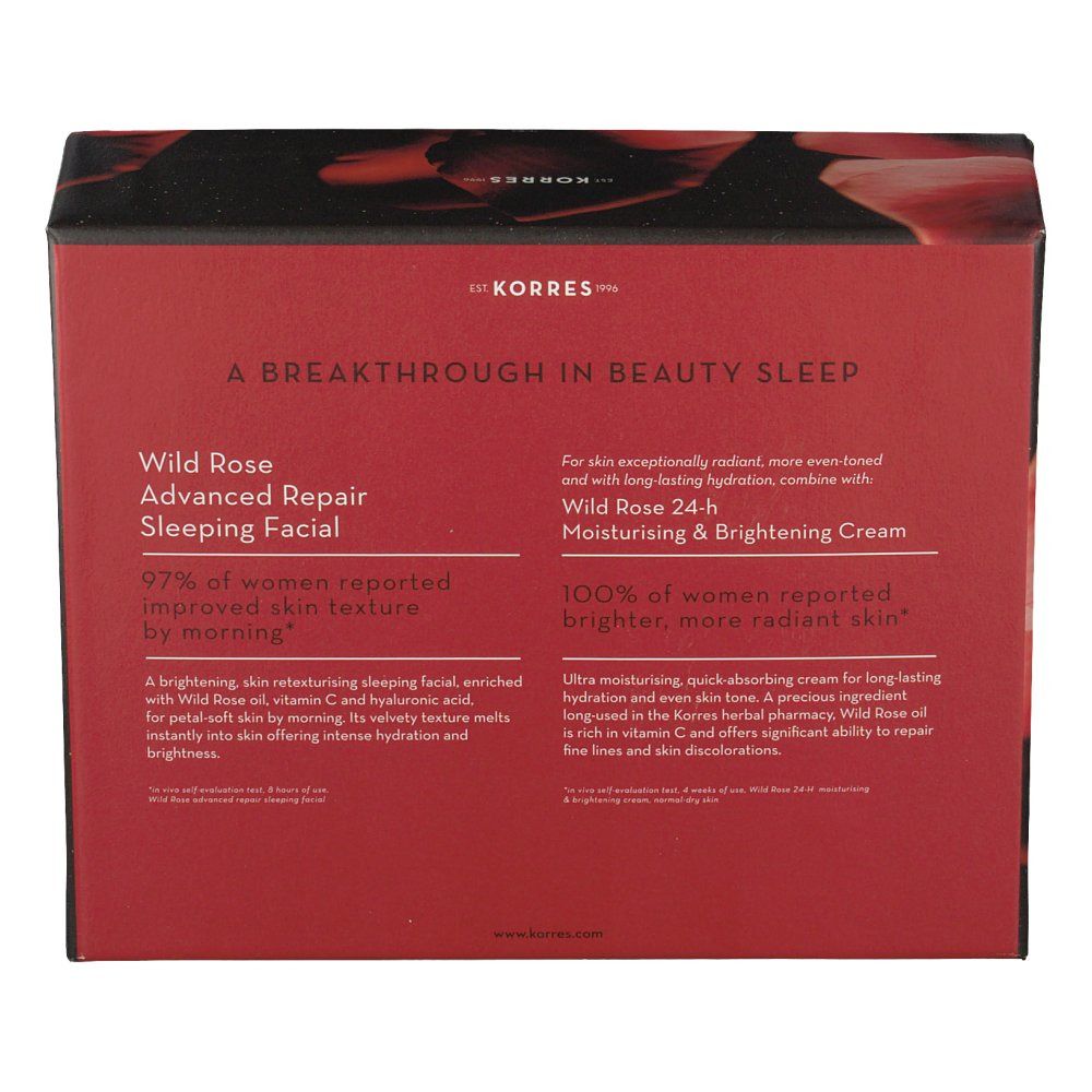 Achterkant van de geschenkverpakking. Tekst: Wild Rose Advanced Repair Sleeping Facial, 97% verbeterde huidtextuur. Wild Rose 24h Moisturising & Brightening Cream.