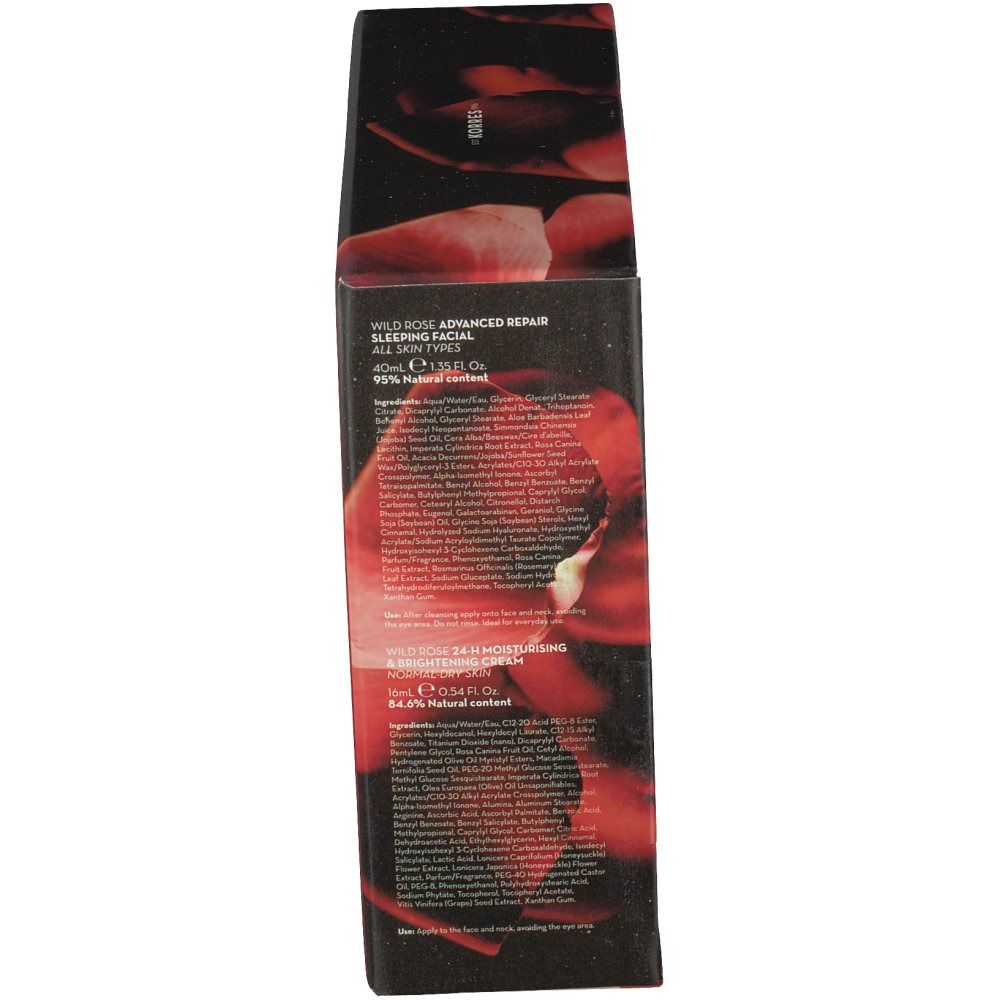 Zijaanzicht van de geschenkverpakking. Tekst: Wild Rose Advanced Repair Sleeping Facial, ingrediënten. Wild Rose 24h Moisturising & Brightening Cream, ingrediënten.